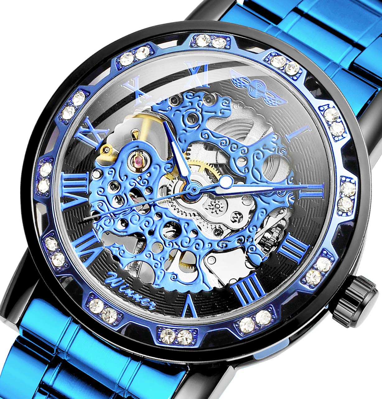 FORSINING Orologio da polso meccanico con movimento a diamante e numeri romani, 05-Blu Nero, Orologio a scheletro, meccanico