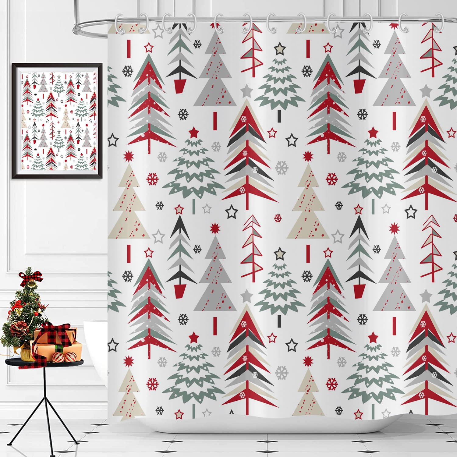 LB Buon Natale Tenda Doccia 120x175cm(LxA) Albero di Natale del fenicottero rosa Tende da Bagno con Ganci, Foresta nevosa invernale Extra Corto Impermeabile Antimuffa Poliestere Casa Decorazione
