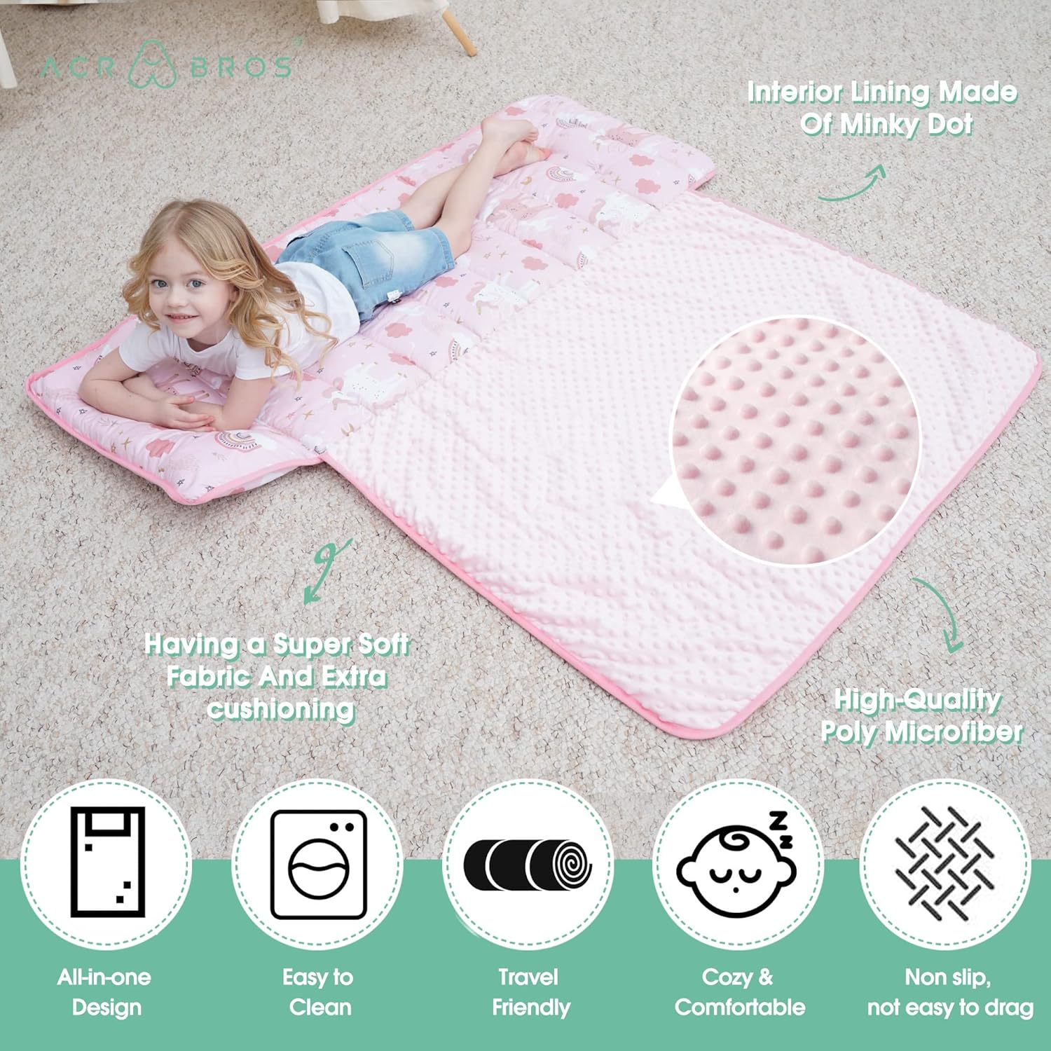 ACRABROS Toddler Nap Mat with Pillow and Blanket, Large Rolled Napping Mats,Slumber Bags for Boys Girls,Kids Sleeping Bag for Daycare, Preschool Travel