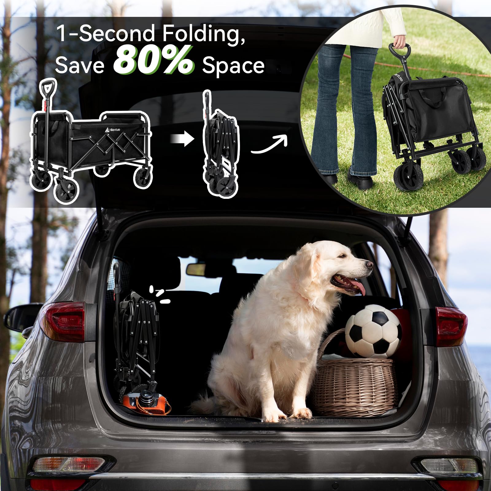 HIKENTURE Bollerwagen Faltbar 65Liter&100KG belastbar - Wiegt nur 4,9KG- Extrem Faltbarer Bollerwagen - Klappbarer Handwagen Einkaufstrolley für Strand Camping Einkauf