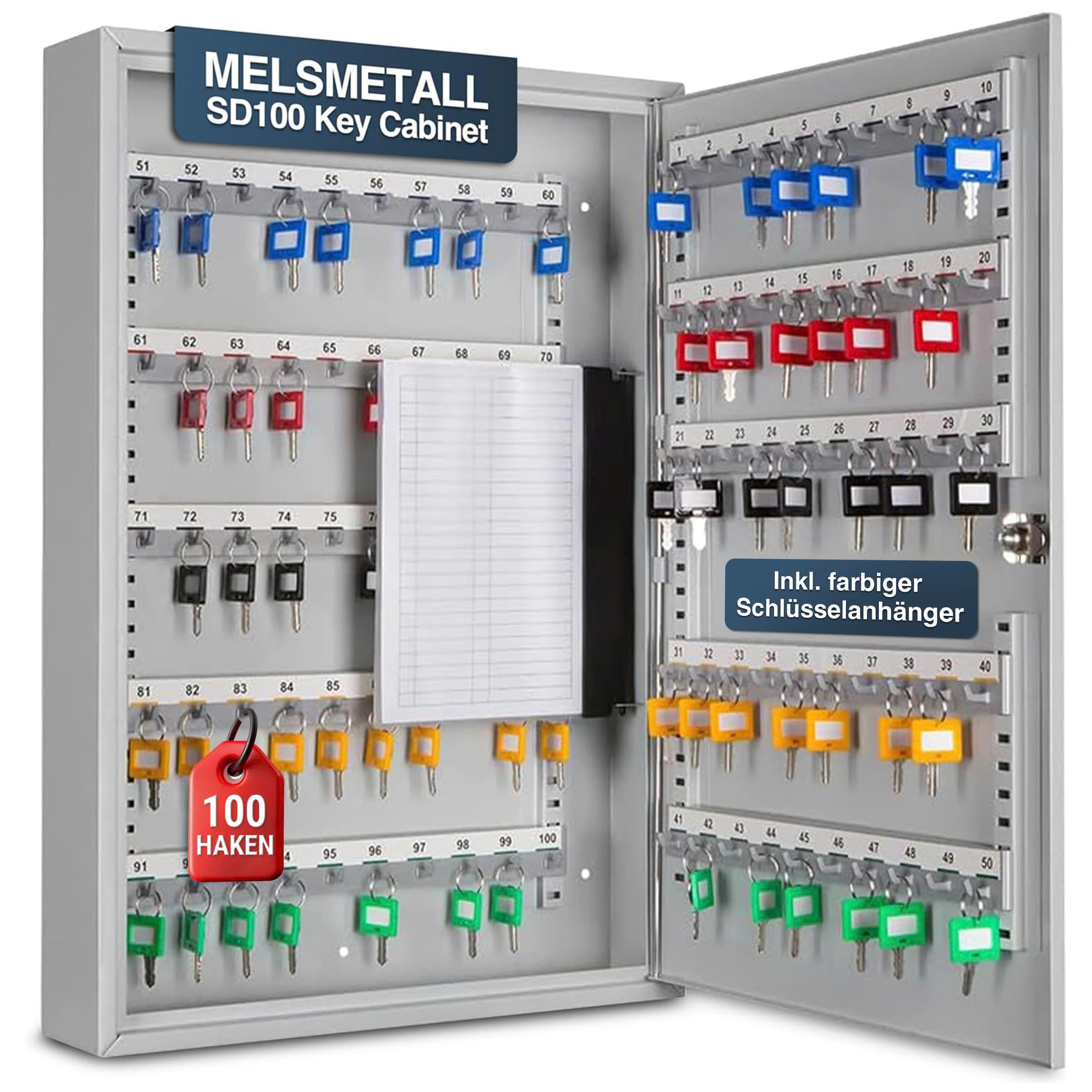 Schlüsselkasten SD100 Schlüsselschrank 100 Haken Stahl abschließbarer Safe magnetische Außenseite höhenverstellbare Leisten Wandmontage 55x38x8cm