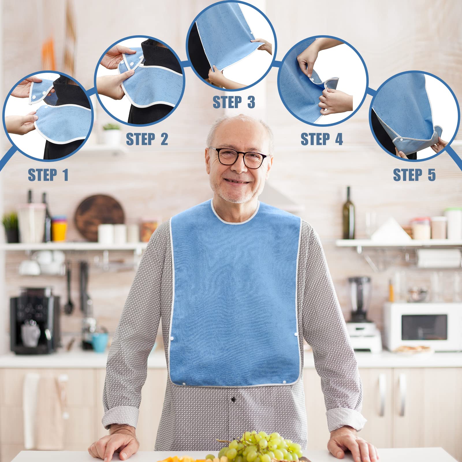 Boyiee 12 Baberos para Adultos de Rizo para Comer con Botón de Presión Ajustable Babero para Ancianos Reutilizable Lavable Protector de Ropa de Calidad Impermeable Absorbente Grande (Azul Oscuro)