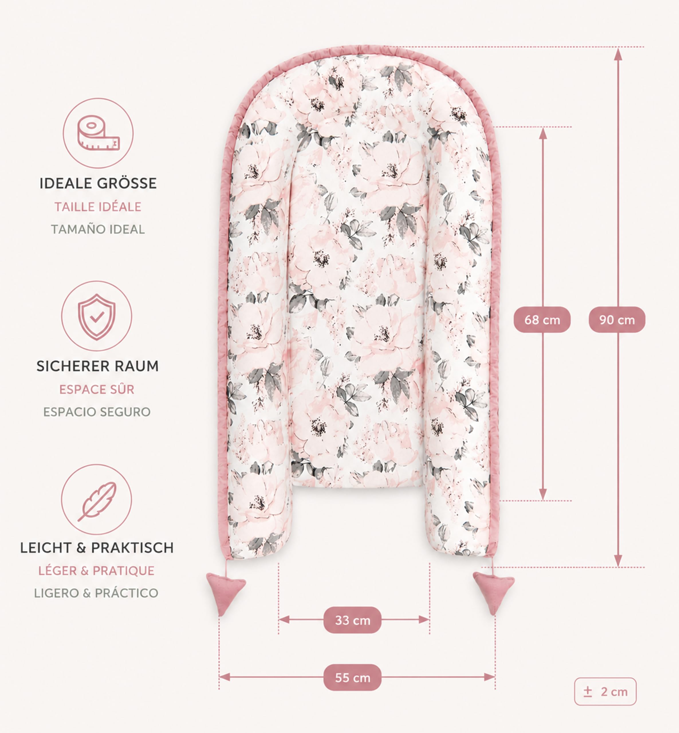 Pimko Terciopelo multifuncional para niños, reductor para cama de bebé, cuna de viaje, de algodón, 55 x 90 cm (rosa)