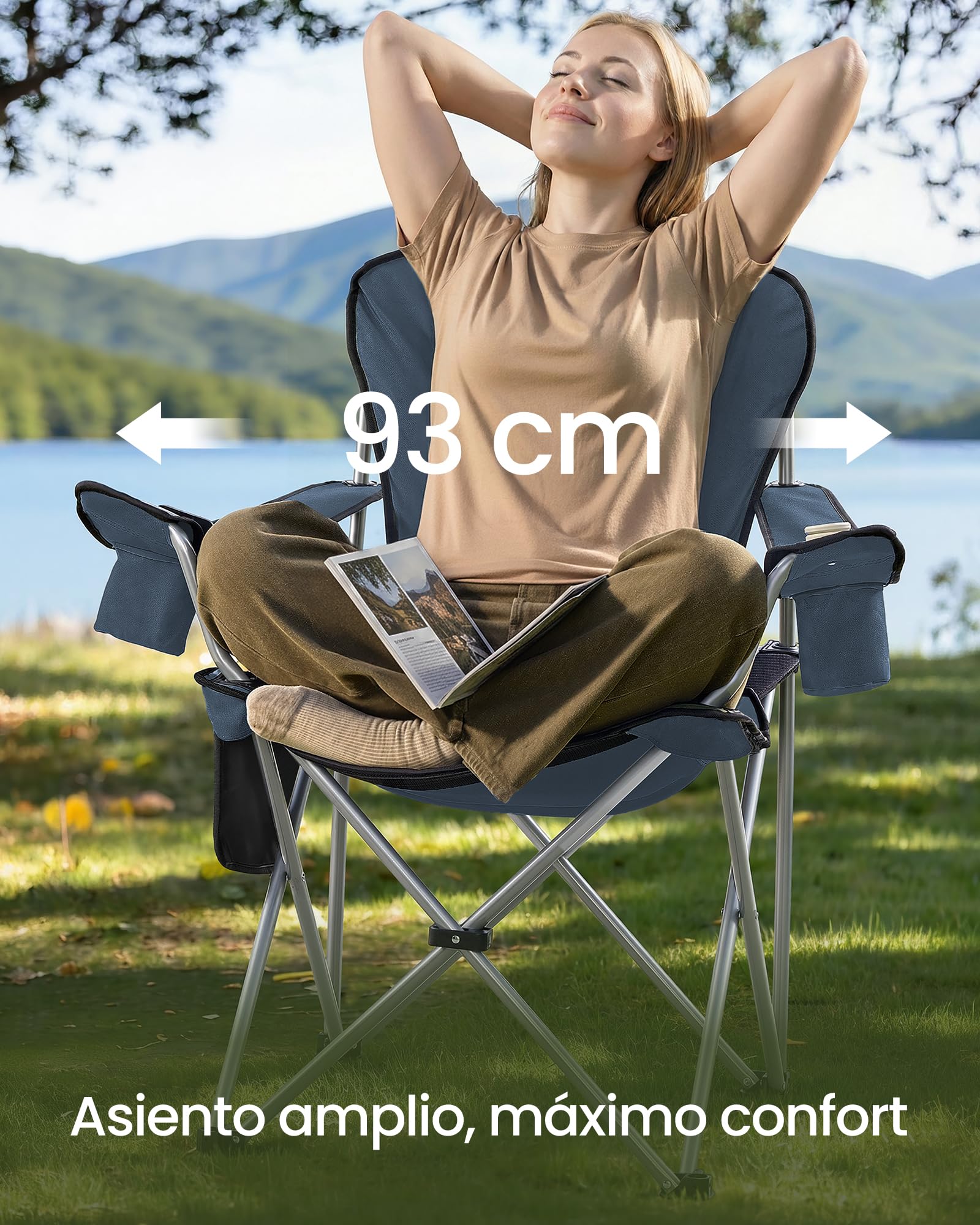 SONGMICS Silla de Camping, Silla Plegable y Portátil con Asiento Amplio, Respaldo Alto, con Portavasos, Soporte para Móvil, Organizador de Tela, Azul y Gris GCB005QE01