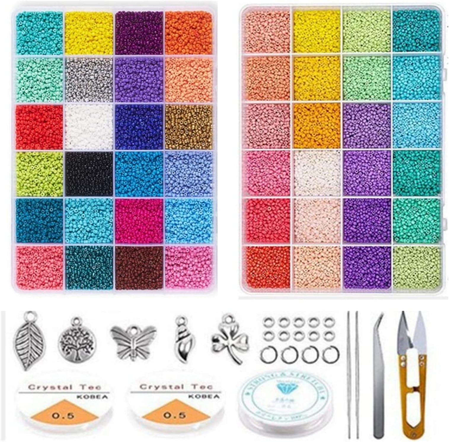 Grab Mantra 48000 Pcs Glass Seed Beads Kit - 2mm Multicolor Alphabet Beads for Bracelets, DIY Jewelry Making, Craft Supplies with Elastic String Cord, Charms & Rings - Perfect for Arts and Crafts