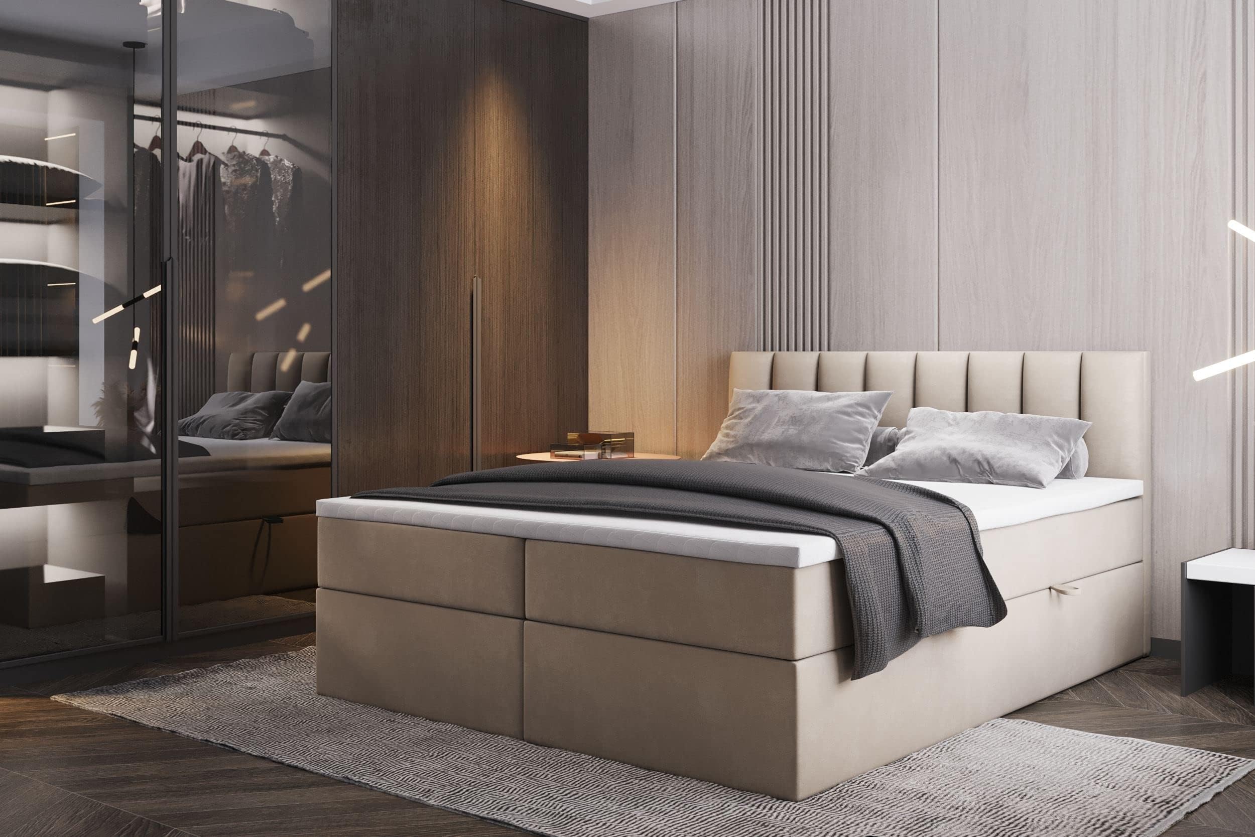 Palermo Boxspringbett mit Bettkästen, H3-Matratzen und Topper (Beige, 180 x 200 cm)