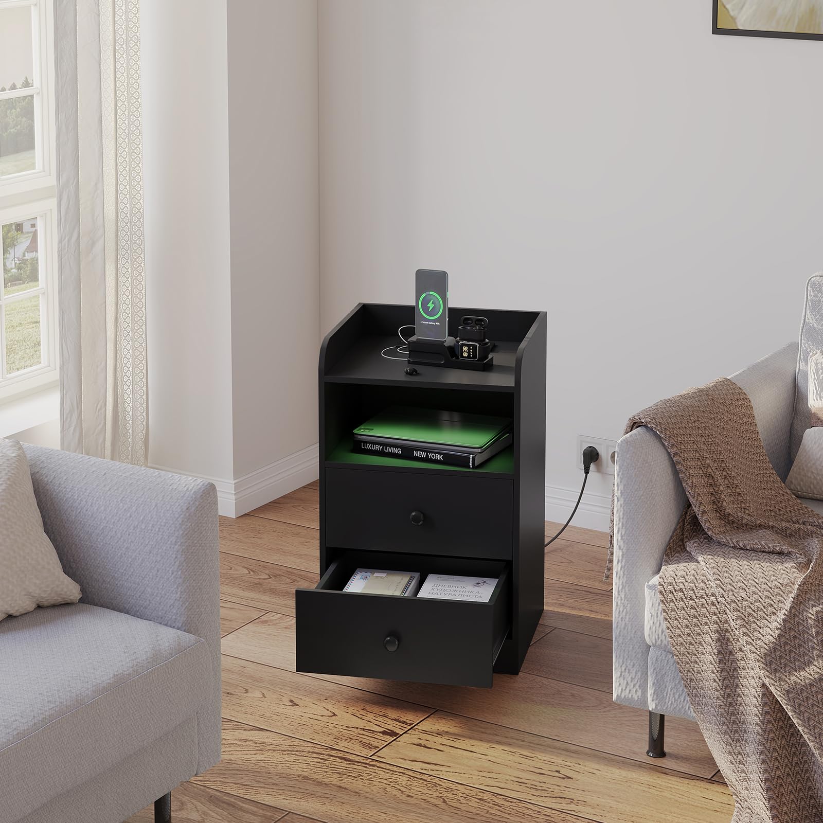 Nachtkastje met led, bijzettafel met laadstation, 2 poorten en 2 USB- stopcontacten, nachtkastje met 2 laden en 16 kleuren, ledverlichting voor woonkamer, slaapkamer (wit