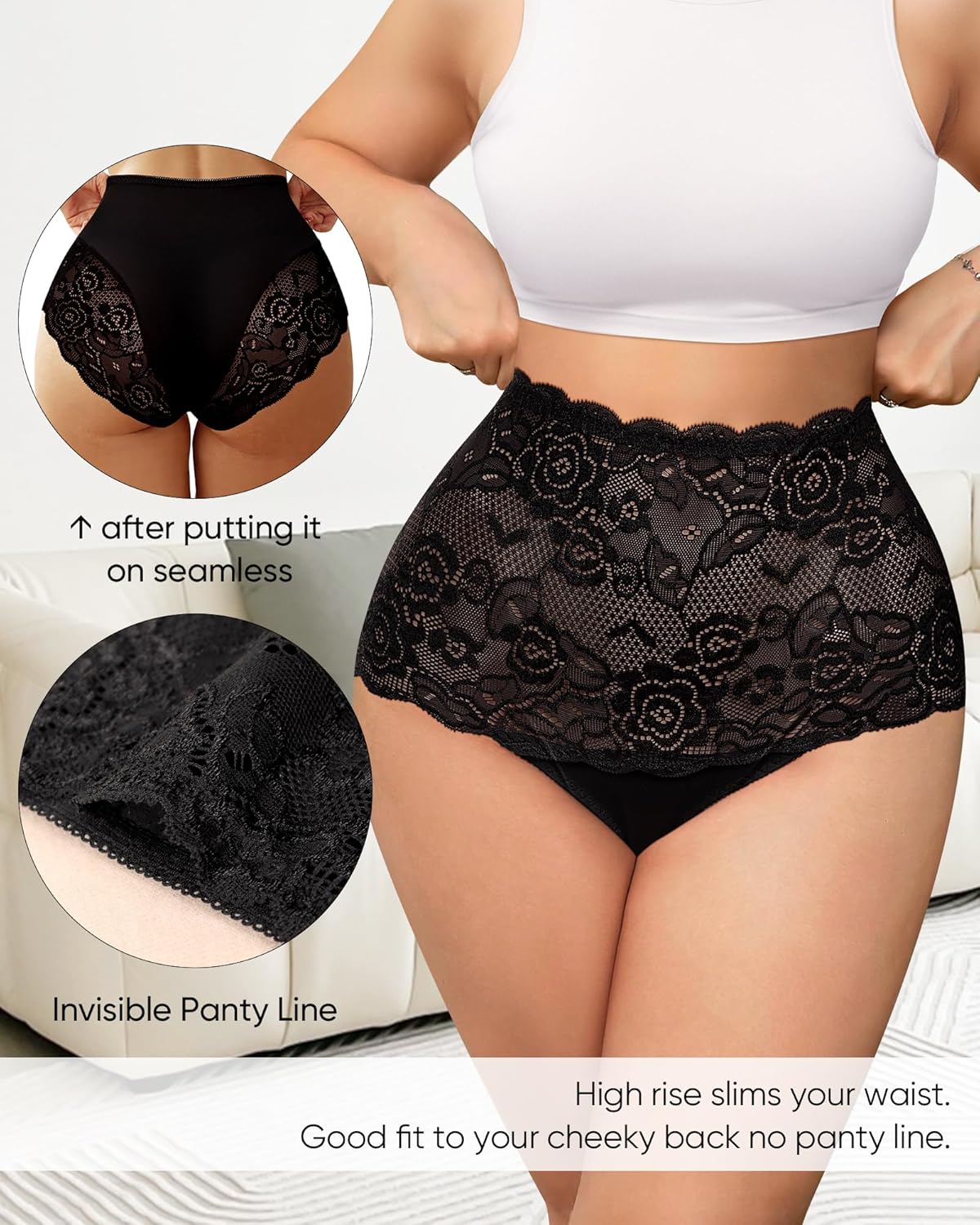 Women's High Waisted Underwear Ladies Lace Sexy Panties Breathable Soft Stretch 4 Pack Full Coverage - Image 5