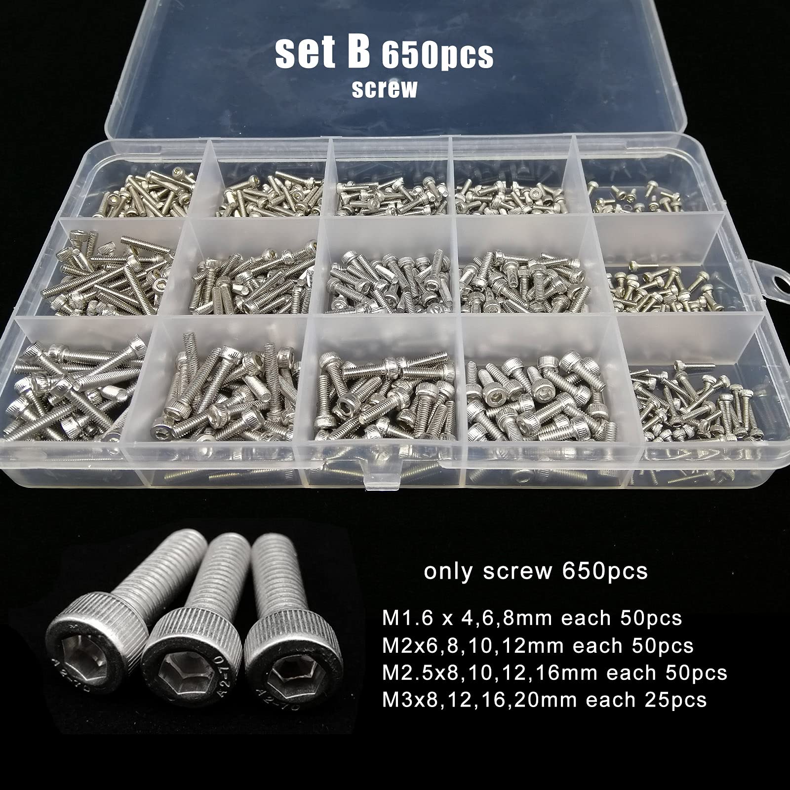 viti interne esagonali, Totale 400/650/1140/2100X M1.6 M2 M2.5 M3 M4 M5 304 in acciaio inossidabile con esagono incassato, vite con esagono incassato, set di dadi, kit assortimento(Set C 1140pcs)