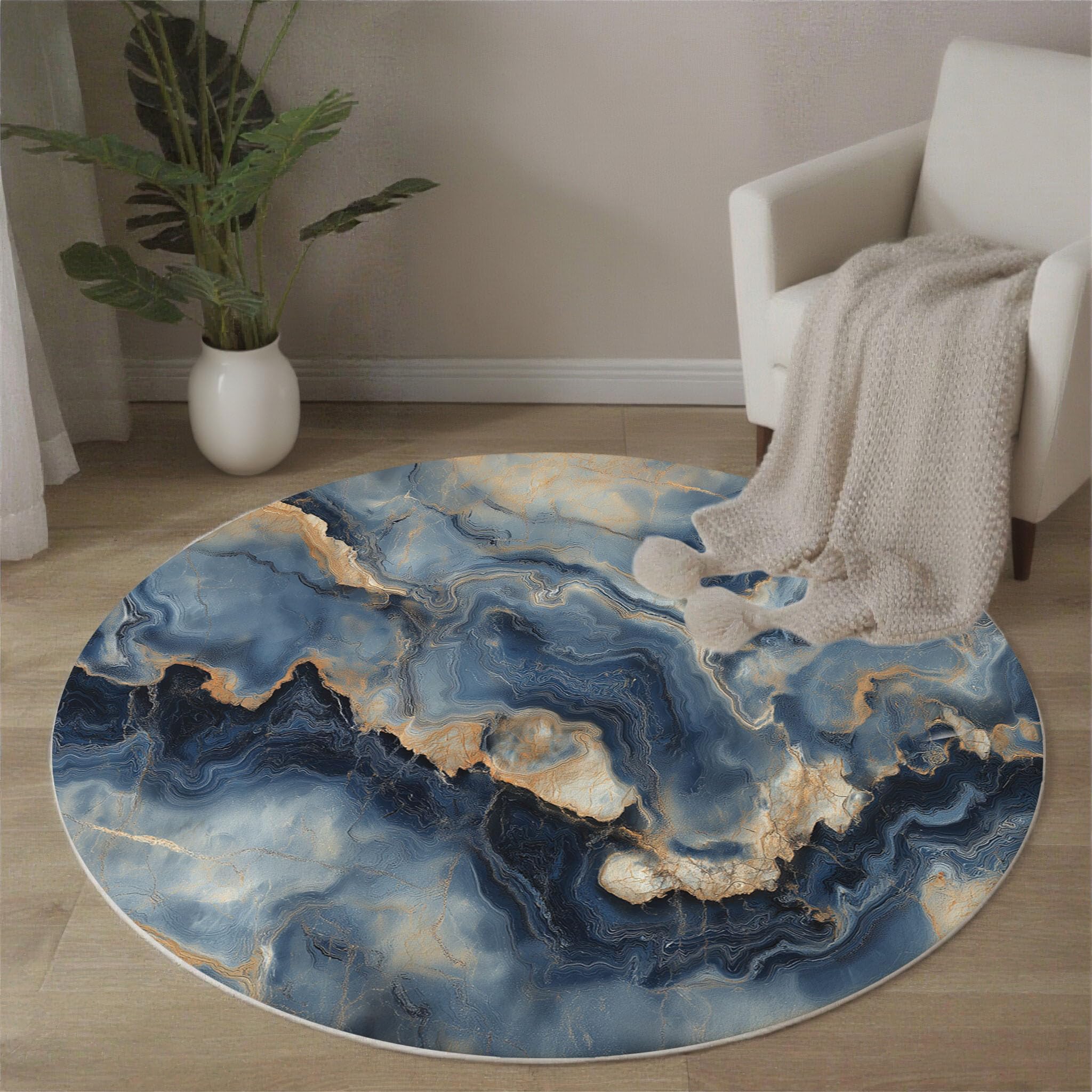 Tapis Rond Salon Marbre Bleu Doré 120cm, Luxe Moderne Tapis De Salon Rond à Poils Courts, Bleu Moquette Antidérapant Lavable en Machine pour Chambre Balcon Terrasse