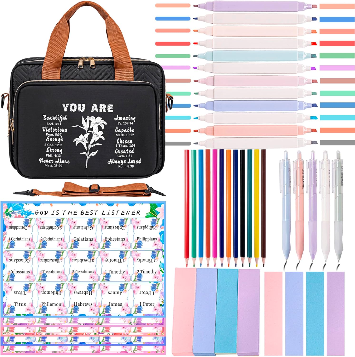 TuErcao Bible Study Supplies, Bible Cover Case for Women, Journaling Kit with Large Bible Bag 12 Pastel Highlighters, 5 Black Gel Pens, 12 Sharpened Colored Pencils, 75 Tabs, 320 Post Sticky Notes
