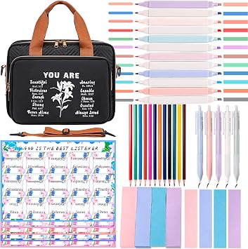 TuErcao Bible Study Supplies, Bible Cover Case for Women, Journaling Kit with Large Bible Bag 12 Pastel Highlighters, 5 Black Gel Pens, 12 Sharpened Colored Pencils, 75 Tabs, 320 Post Sticky Notes