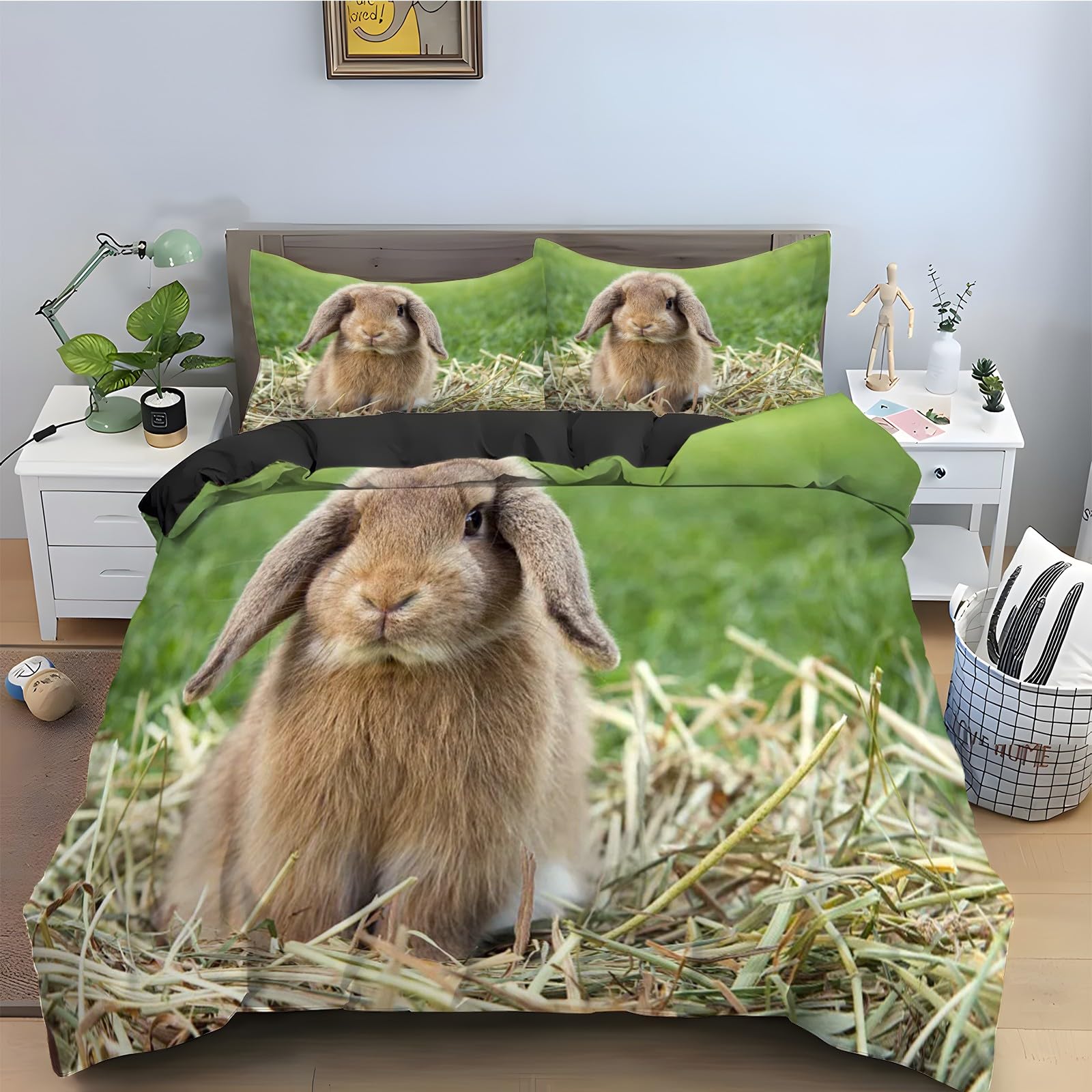 Parure de lit 90x190 lapin imprimé animal avec fermeture éclair et microfibre