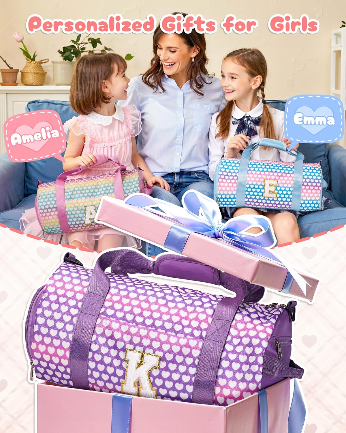 Gifts for 10 Year Old Kid, Girls Travel Duffel Bag, Kids Initial Overnight Bags with Shoe Compartment, Personalized Gym Ballet Dance Bag with Makeup Pouch, Birthday Gift Ideas (Letter M) - Image 2