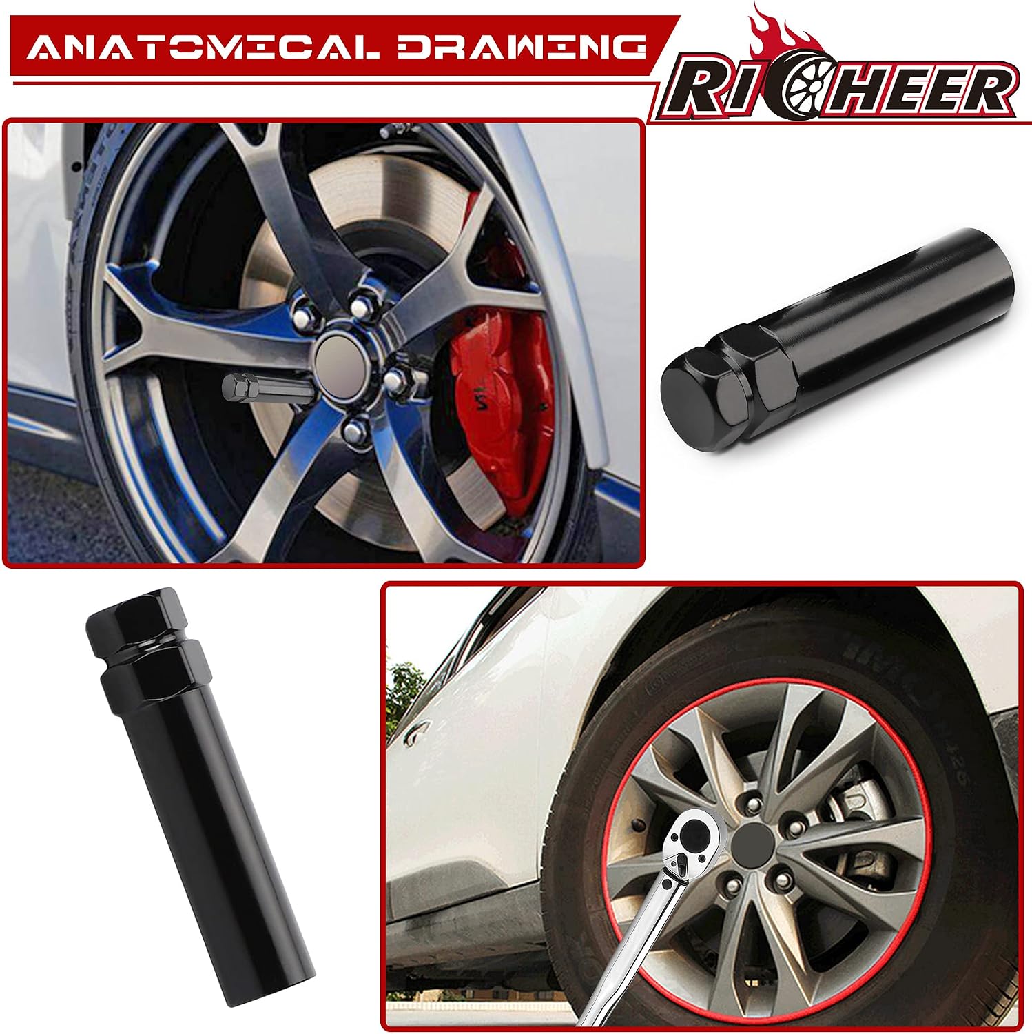 Richeer 7 Point Spline Drive Tuner Socket Key Tool for 13/16"(21mm) and 7/8"(22mm) Hex Wrench, Aftermarket 14x1.5 9/16-18 14x2 Wheel Lock 7 Spline Lug Nuts 22mm Diameter 1 PCS a Pack