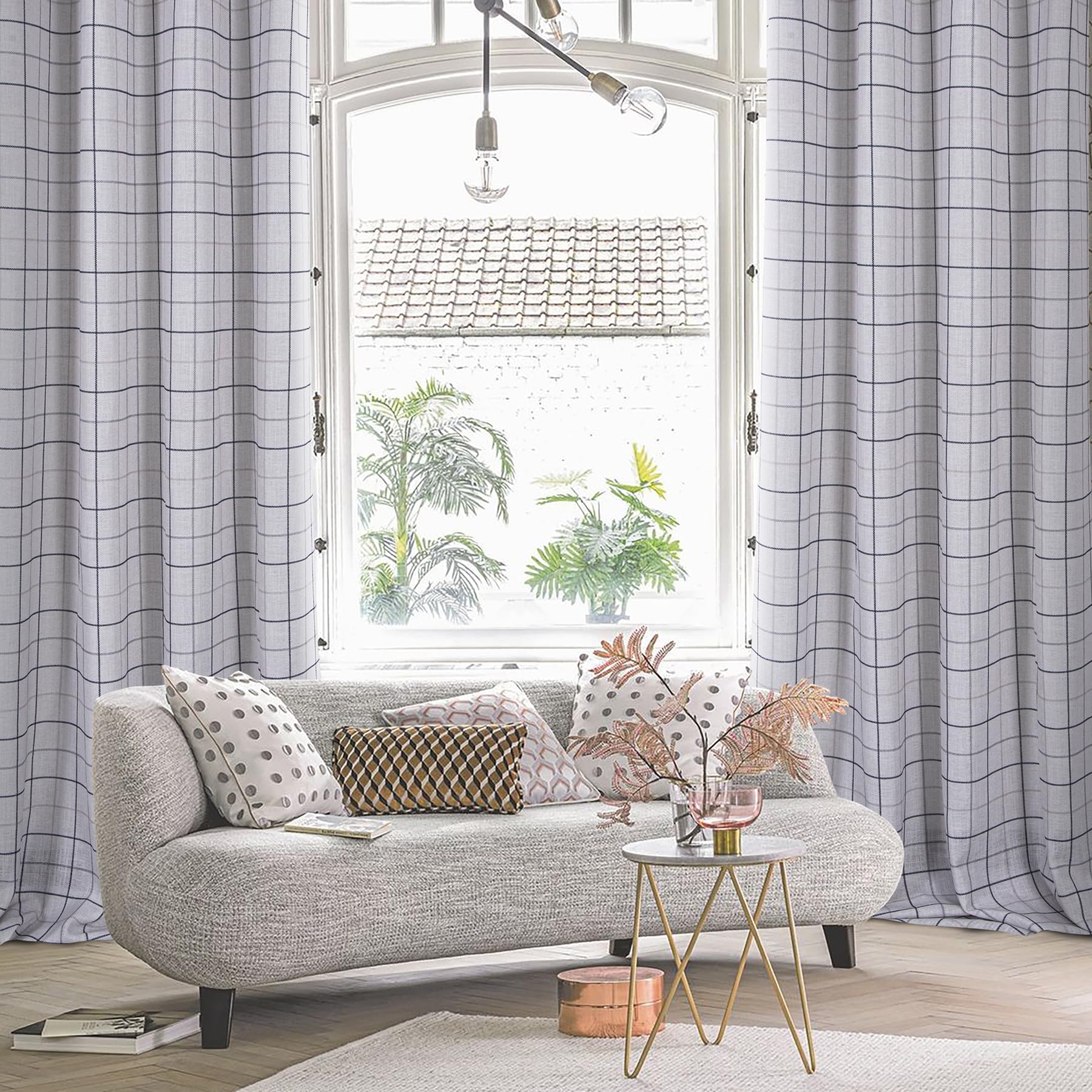 always4u Linen Look Curtains Eyelet Printed Check Curtains Semi-sheer Plaid Drapes for Living Room Bedroom Decoration Modern Textured 1 Pair Beige Black W90 x L90 Inches