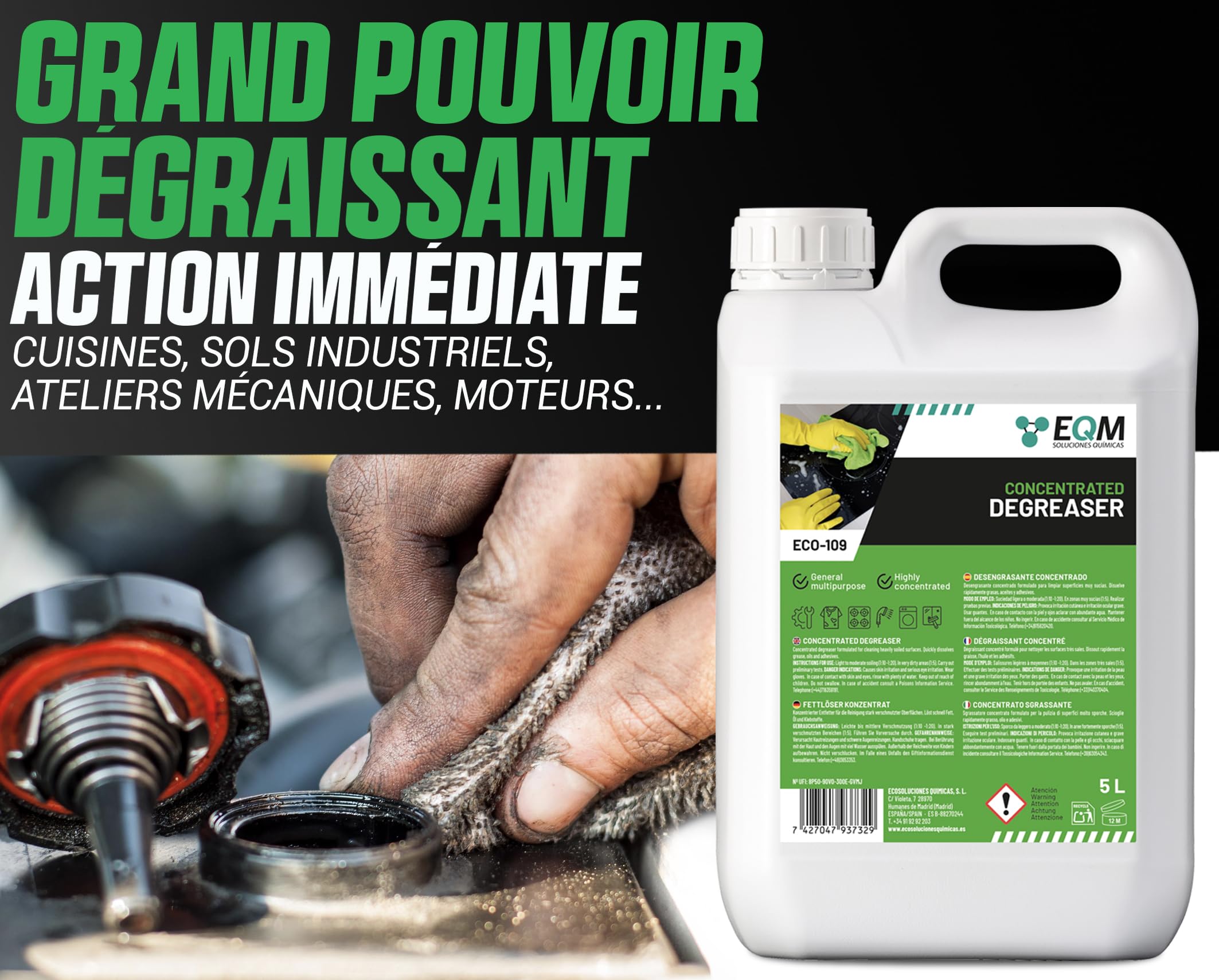 EQM - ECO-109 - Dégraissant Concentré Multisurfaces - 5L - Cuisines, moteurs, machines, sols industriels, garages, etc. - Dégraissant haute efficacité