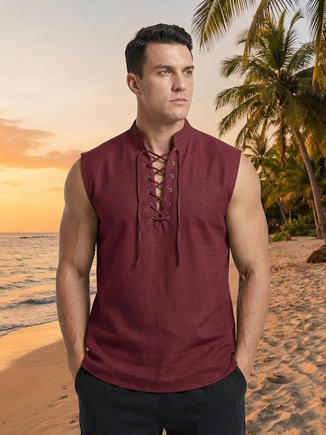 BAKUGOU Mens Medieval Lace Up Sleeveless Shirt Viking Renaissance Pirate Tunic Top Warrior Costume Vest for Men - Image 2