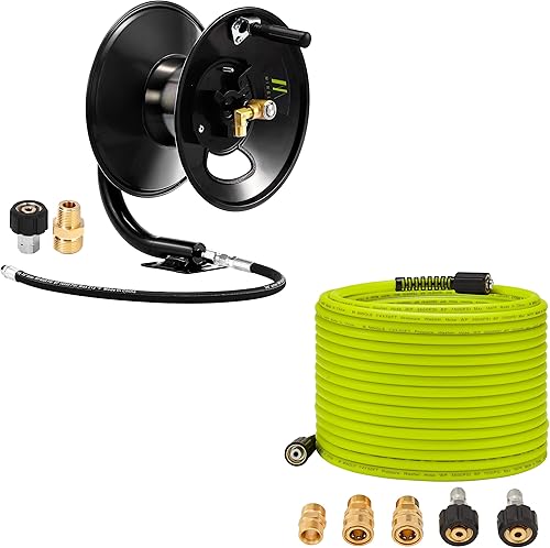 M MINGLE Carrete de manguera para lavadora a presión de 100 pies, manguera de lavado a presión de 50 pies x 14 pulgadas