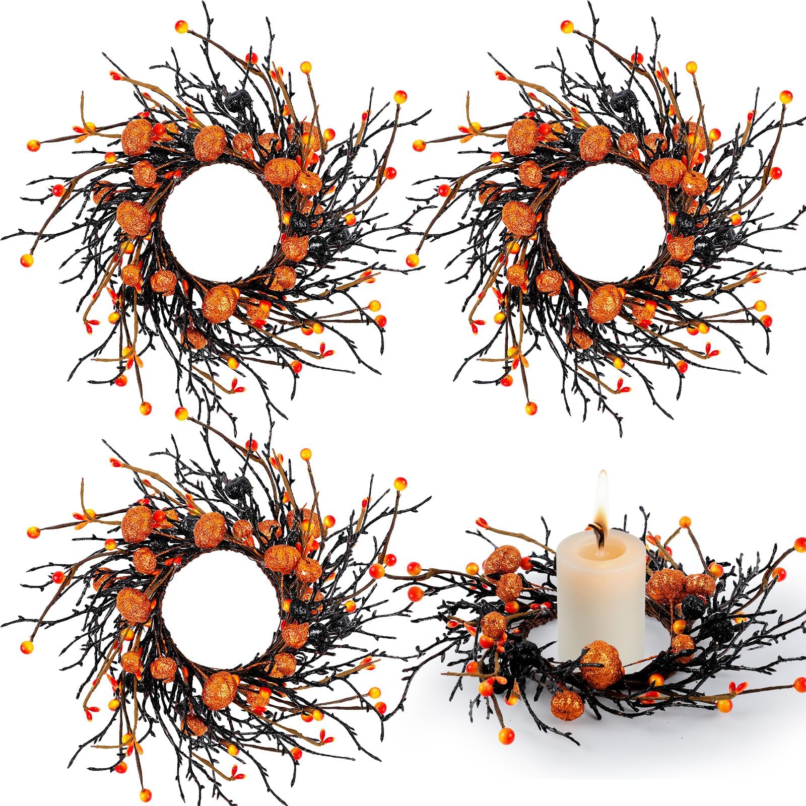 4 PCS Mini Halloween Tapered Candle Rings Fall Berry Pumpkin Wreaths