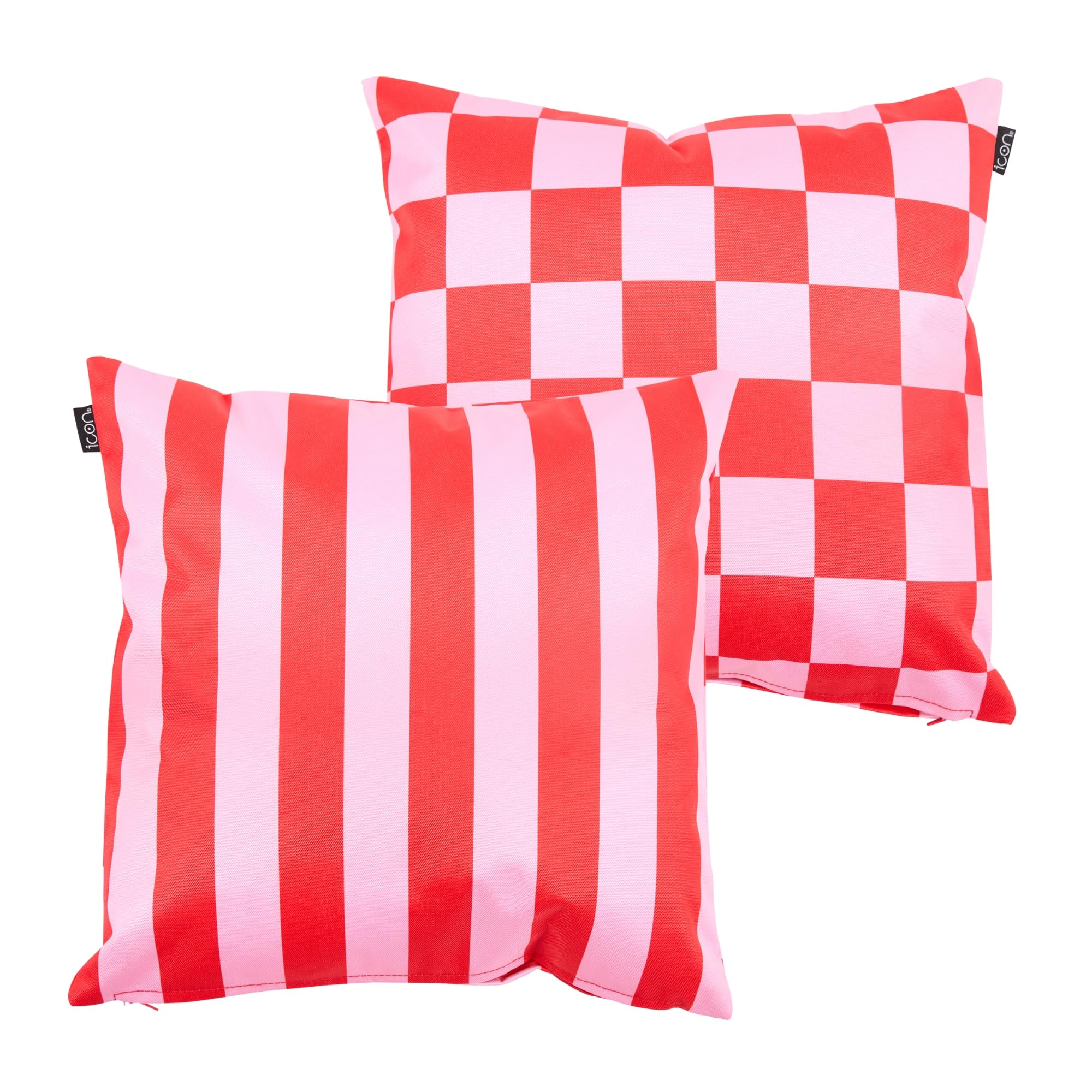 Bean Bag Bazaar Checkerboard Pink Outdoor Cushions Filled, Stripe Collection, Reversible Print, Set Of 2, 43Cm X 43Cm, Water Resistant, Pink Outdoor Cushions For Garden Furniture, Garden, Patio
