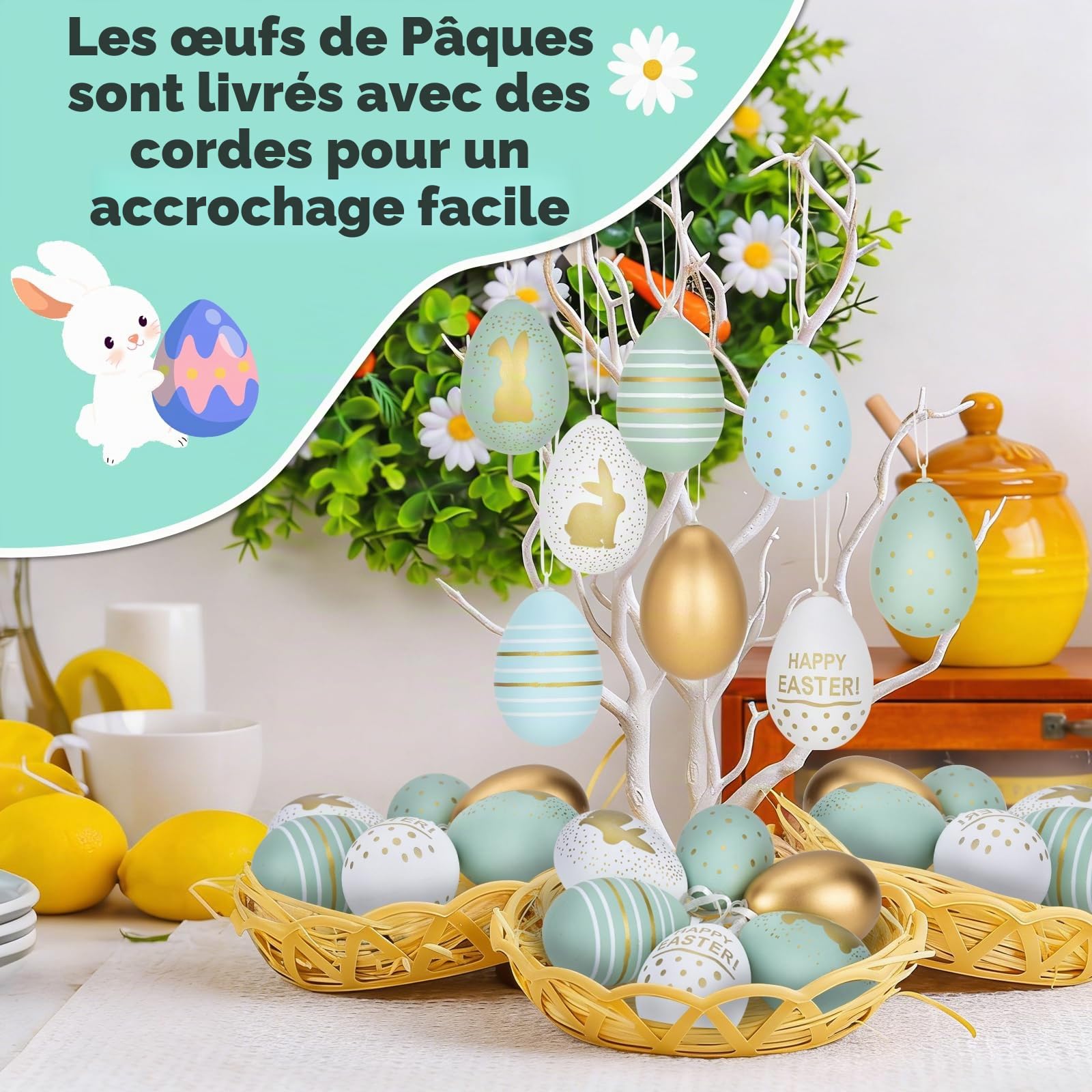 Œufs de Pâques en plastique 6 cm x 4 cm Lot de 24, or bleu clair vert clair blanc 7 designs
