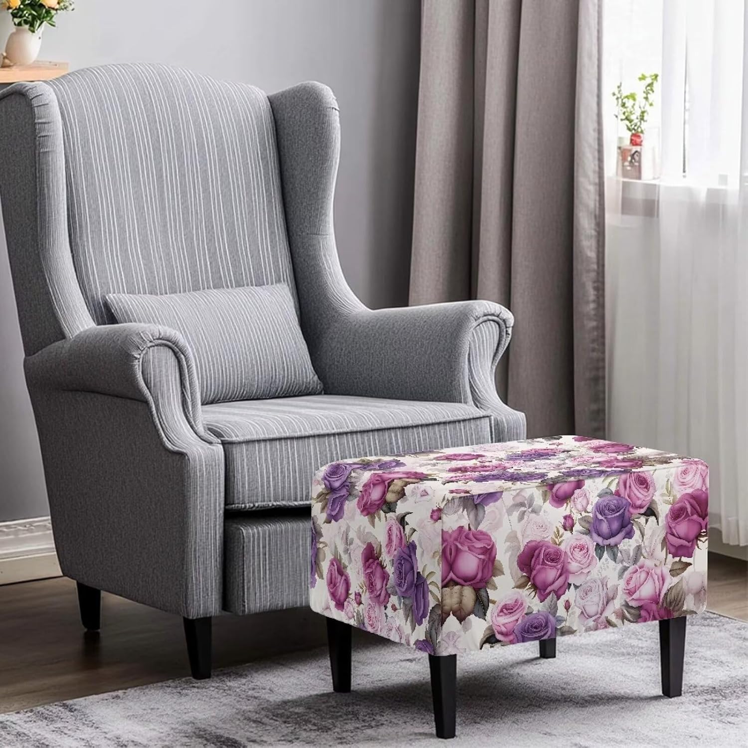 Purple Floral Small Ottoman Cover Non-Slip Rectangular Ottoman Slipcovers Polyester Breathable Footstool Cover Flodable Storage Footstool Protector for Women's Room Birthday Gifts