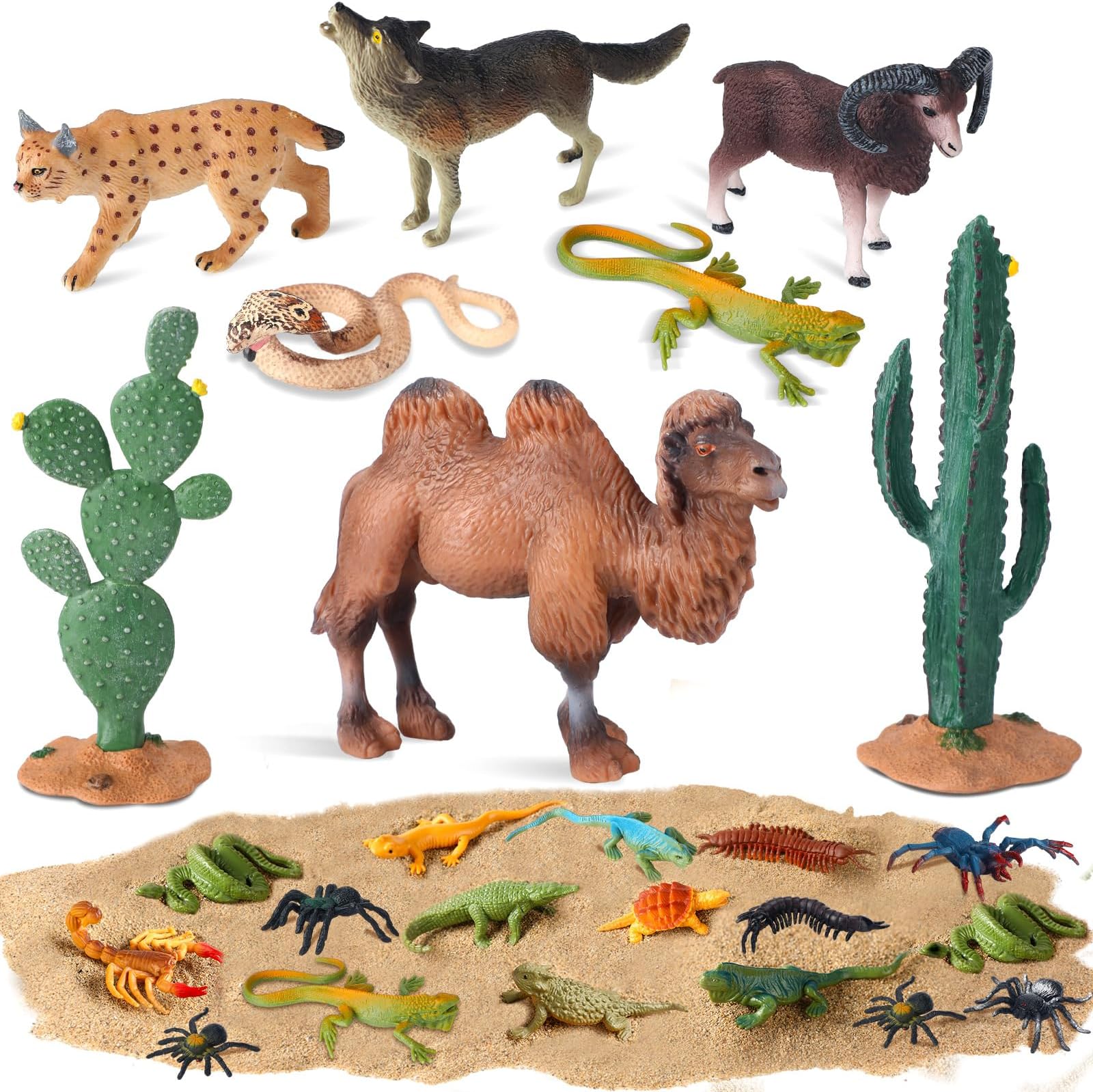MiniInflat 25 Pcs Desert Animals Figures Set for School Projects Desert Diorama Toys Supplies for Kids with Camel Cactuses Resin Bugs Insects Animals Model for Cake Toppers, Birthday Gift Party Favor