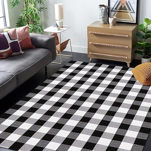 Miniatura 7 de Buffalo - Alfombra a cuadros de 5 x 7 pies, color blanco y negro, lavable, para granja, entrada, sala de estar, lavandería, dormitorio (5 x 7 pies,
