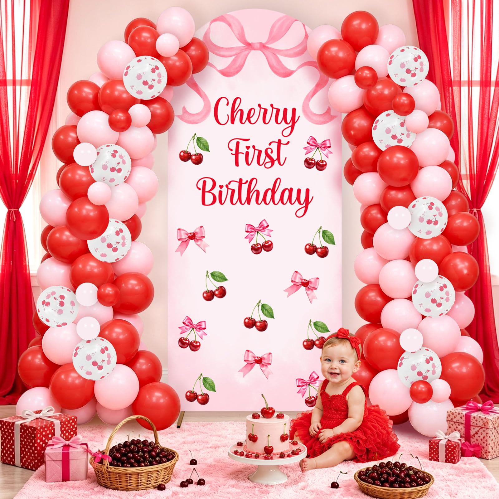 Jollyboom Cherry First Birthday - Kit di copertura per sfondo ad arco con
