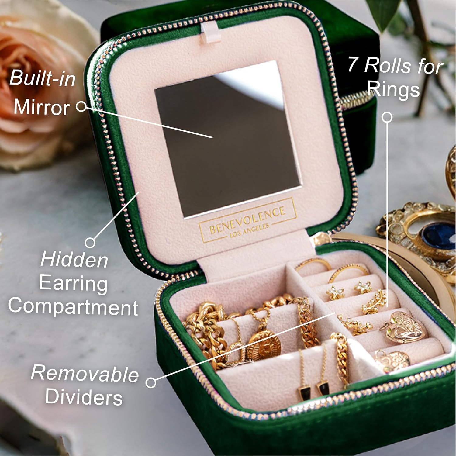 Benevolence LA Plush Velvet Jewelry Box | Travel Jewelry Case Organizer with Mirror | Featured in Oprah's Favorite Things | Best Gifts For Daughter, Girlfriend, Mom | Gifts For Her - Emerald - Image 3