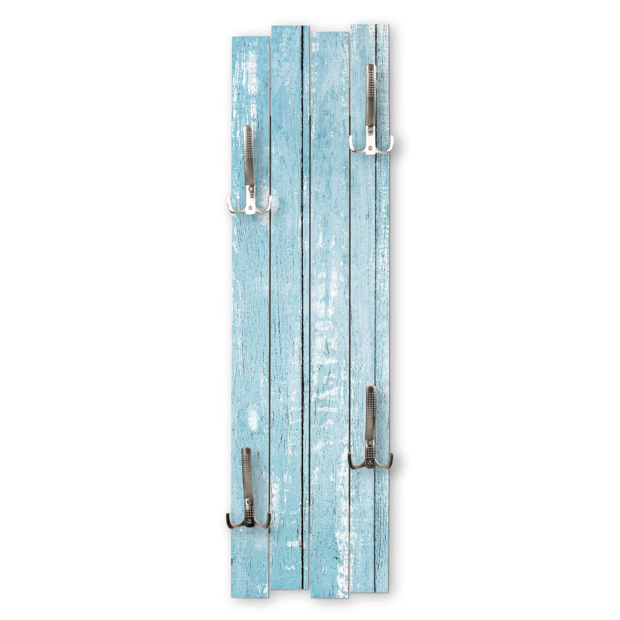 Kreative Feder Wand-Garderobe Altes Holz hellblau Shabby-Chic Vintage ca. 100x30cm mit vier Haken (Altes Holz hellblau)