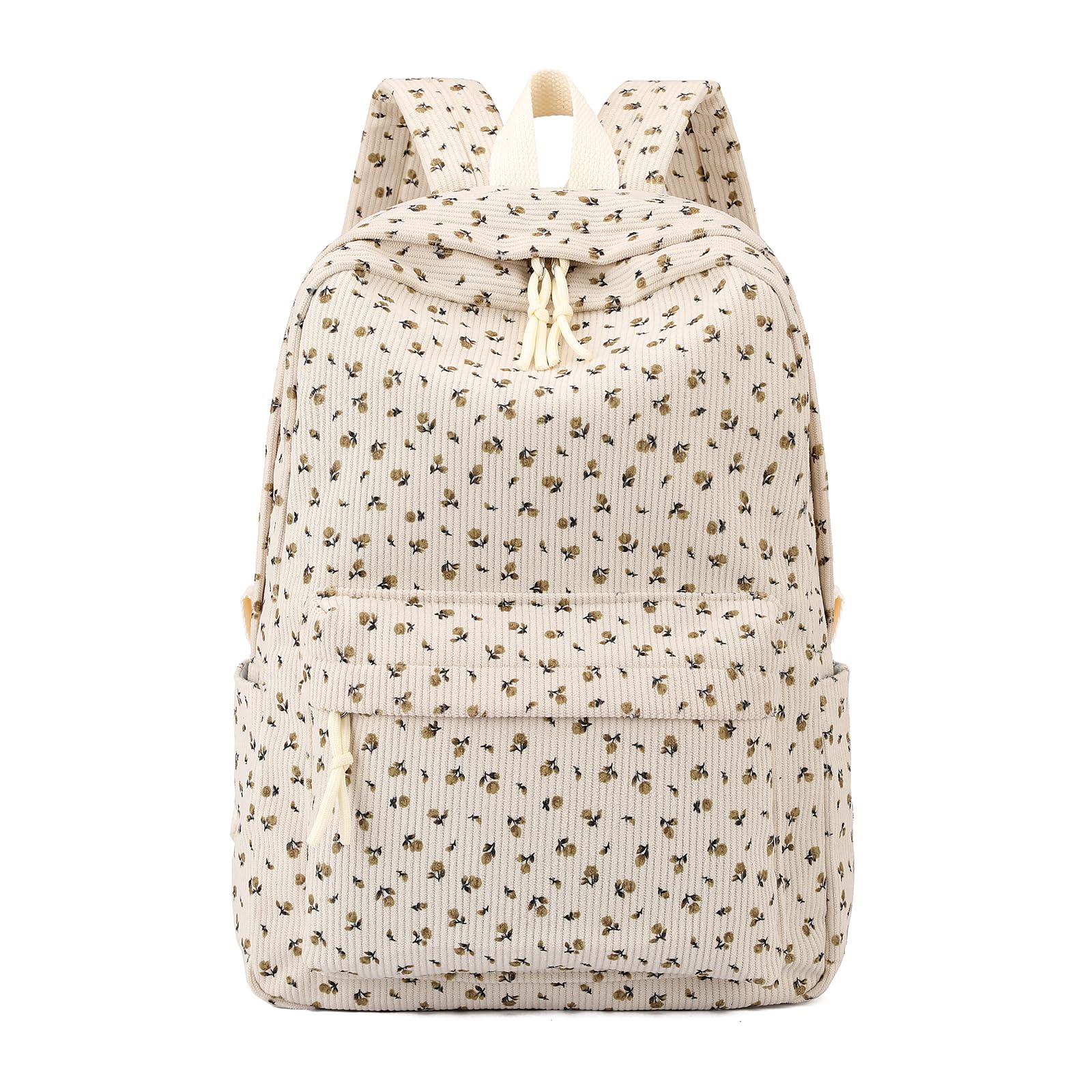 School Backpack for Girls Corduroy Bookbag 16inch Elementary Primary Preschool for Teen Boys Girl Travel Casual Daypacks (Flora Beige)