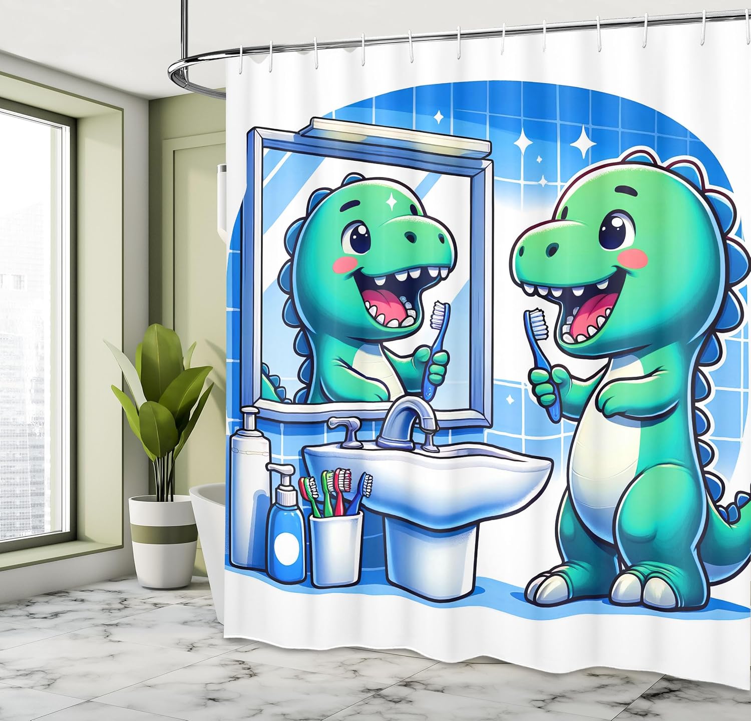 Ambesonne Funny Shower Curtain, Happy Dinosaur Looking at The Mirror After Brushing Its Teeth Cartoon, Cloth Fabric Bathroom Decor Set with Hooks, 69" W x 75" L, Shamrock Green and Blue
