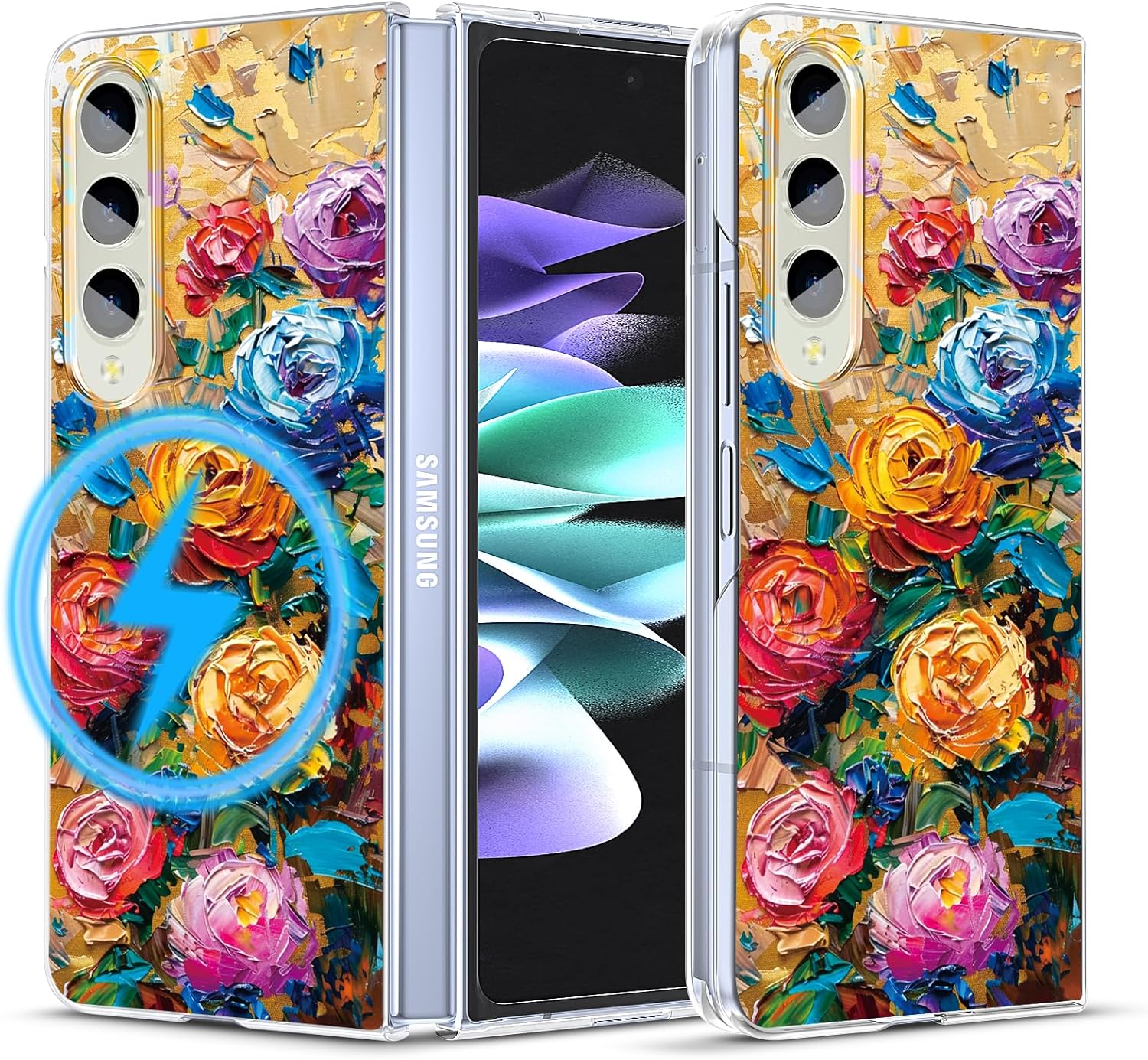 Magnetic Case for Galaxy Z Fold 4, Slim Anti-Yellow Hard PC Protective Soft TPU Bumper Shockproof Cute Case with Flowers, Abstract Blue Flower(10-88)