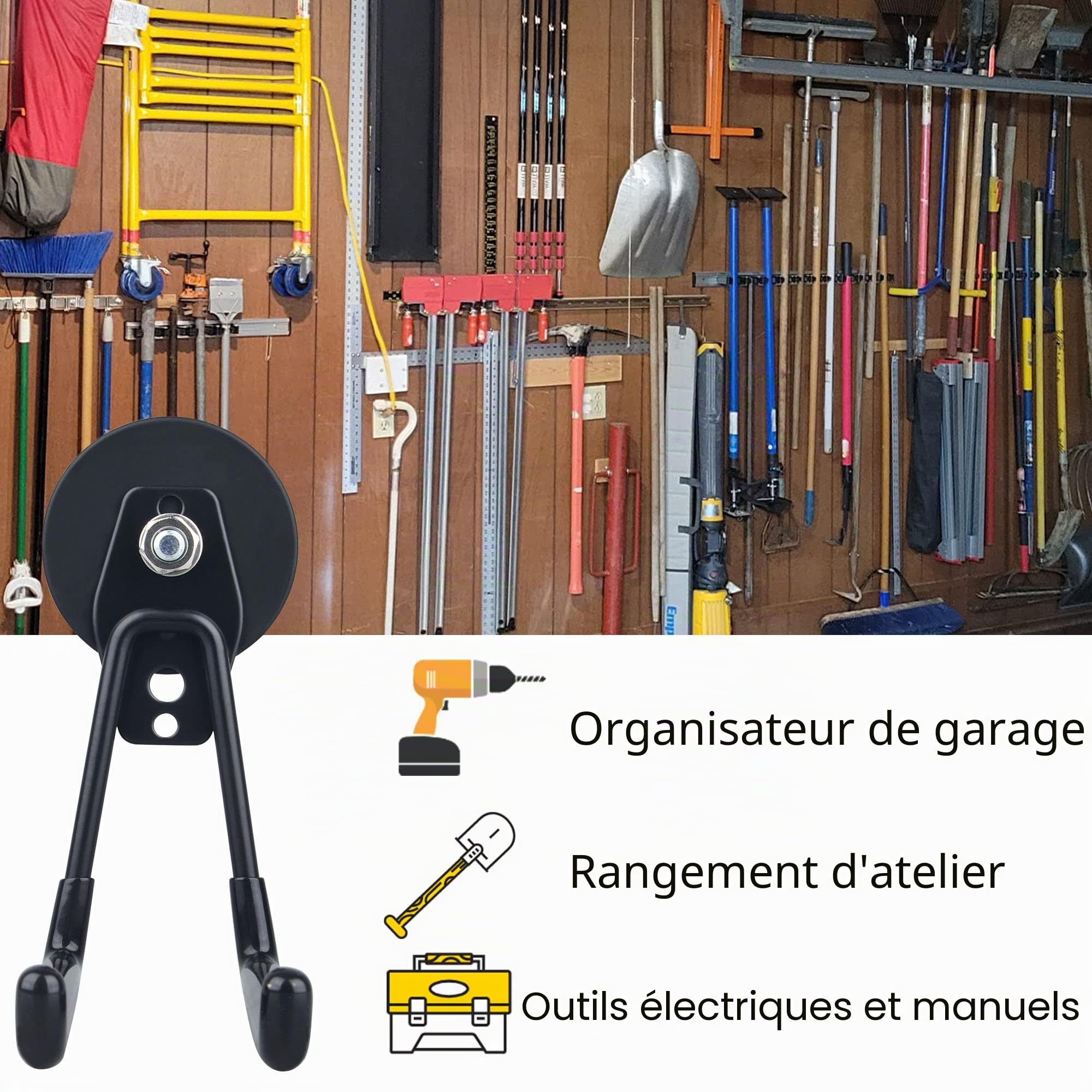 MUTUACTOR Lot de 2 grands crochets de garage magnétiques robustes - Fixation magnétique - Pour garage - Outils de jardin, tuyau, boîte à outils, planche en acier, atelier