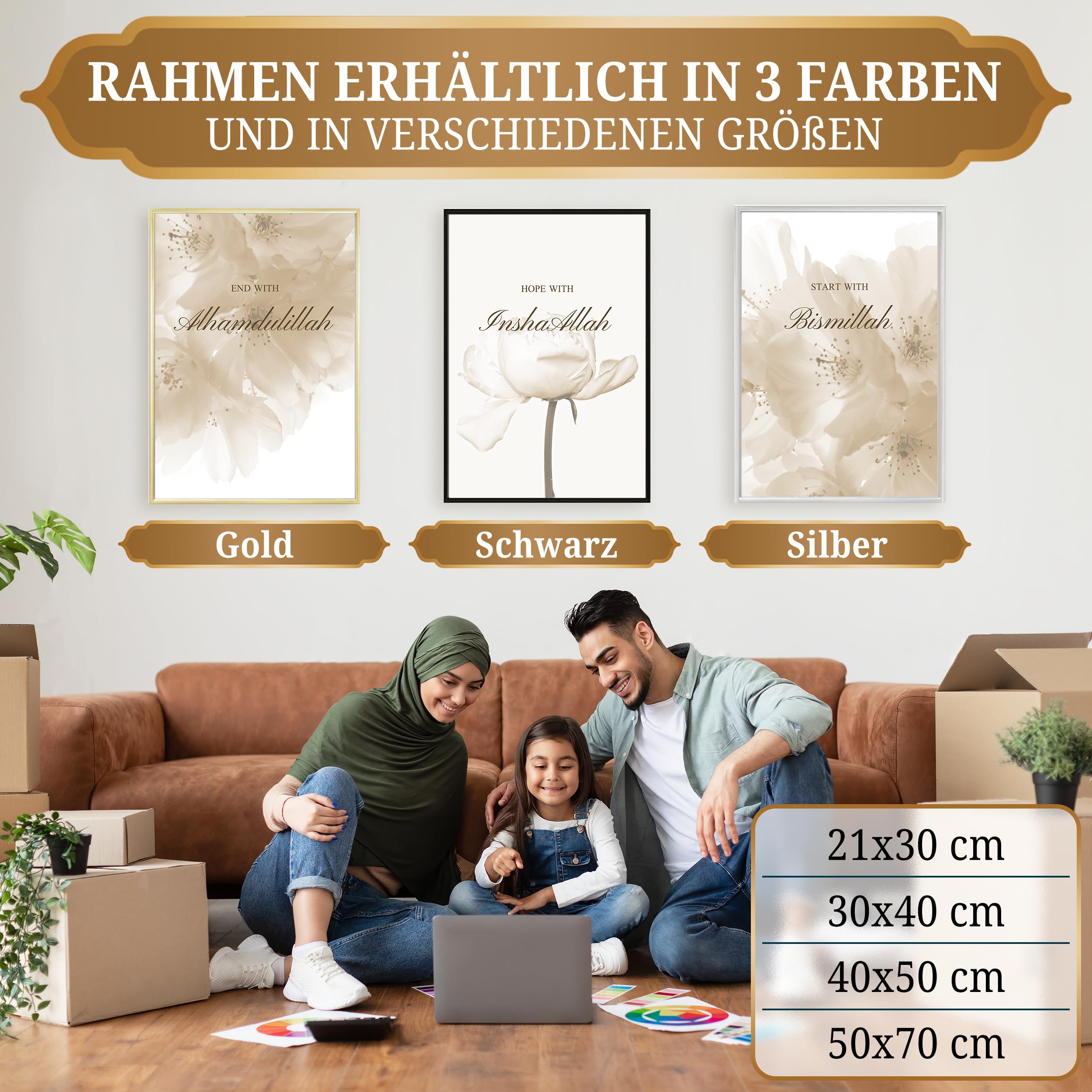 HAVA Artwork Beige Dream Poster Set, Islamische Poster, Islamische Bilder, Islamische Dekoration, Islamische Geschenke, Bilderrahmen, Allah Wandbild, 40x50 - ohne Rahmen