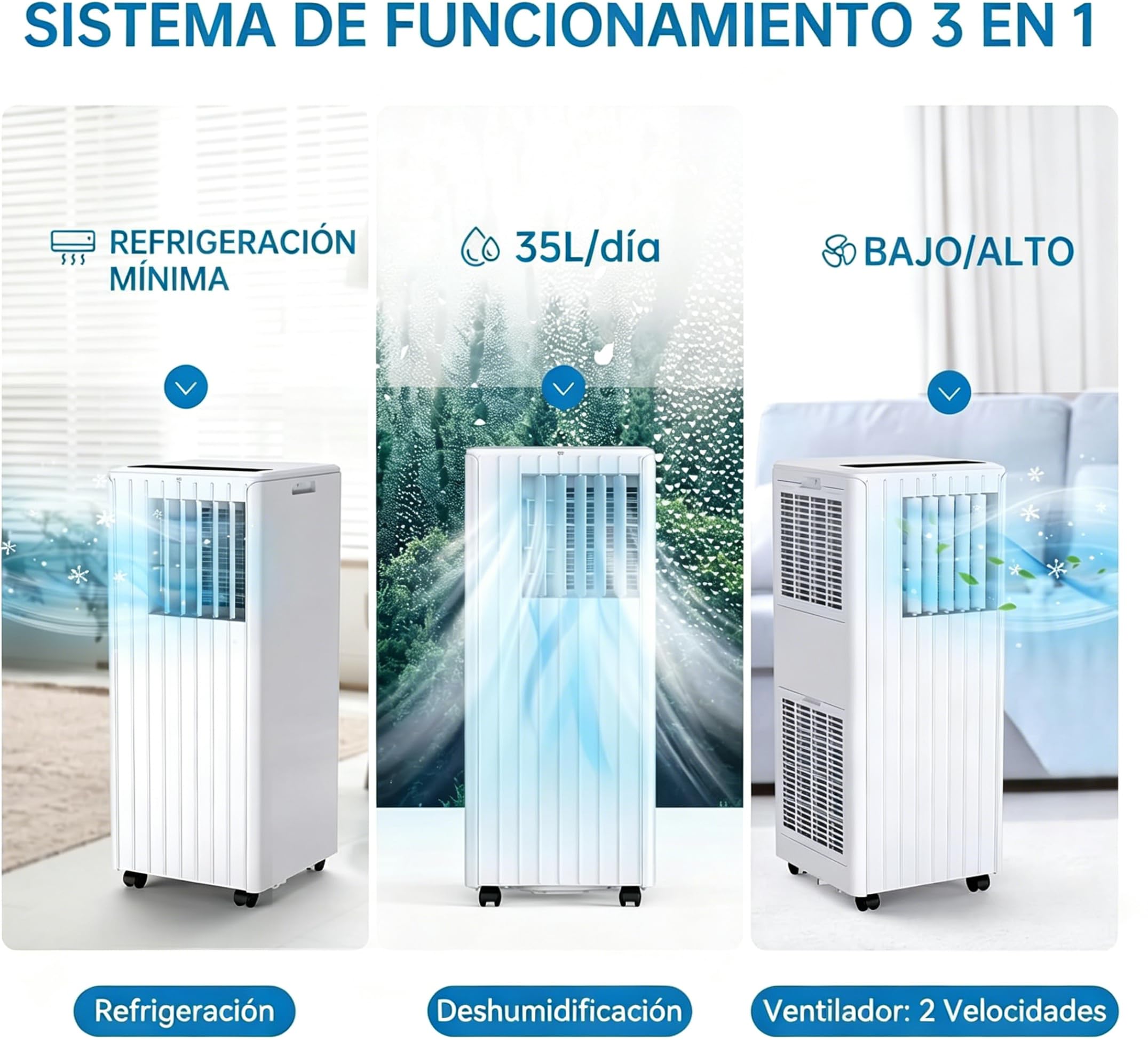 Garvee Aire Acondicionado Portátil 9000 BTU 3 en 1, Climatizador Refrigeración Ventilador Deshumidificador 35L/día, Bajo Consumo Modo Sueño Temporizador 24H, Mando a Distancia y Kit Ventana, Blanco