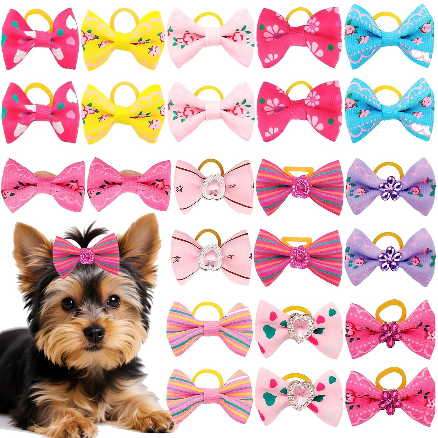 24pcs Dog Hair Bows with Rubber Bands, Cute Puppy Dog Bow Ties Handmade Little Dog Knotted Bows Multicoloured Pets Cats Dogs Grooming Bow Accessories