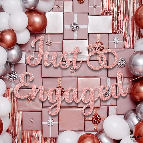 Miniatura 4 de KatchOn, Cartel de compromiso con purpurina de oro rosa con globo de anillo de diamantes, paquete de 2, pancarta de compromiso para decoraciones de