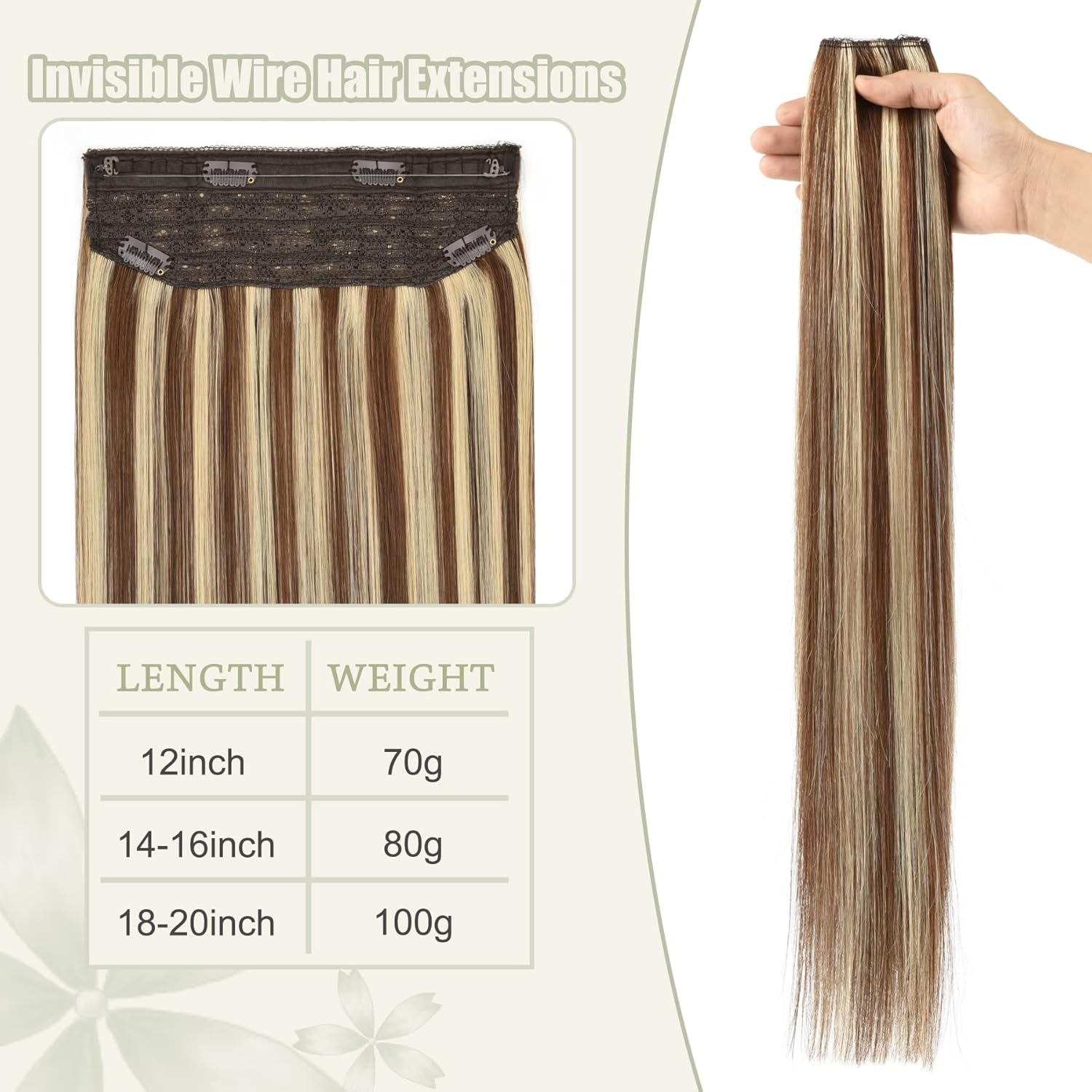 Senmy Wire Hair Extensions Human Hair Fish Line Hair Extensions Brown Mix Blonde #4/613 Wire Human Hair Extensions 16inch 80g Hair Extensions Real Human Hair Invisible Wire For Black Women