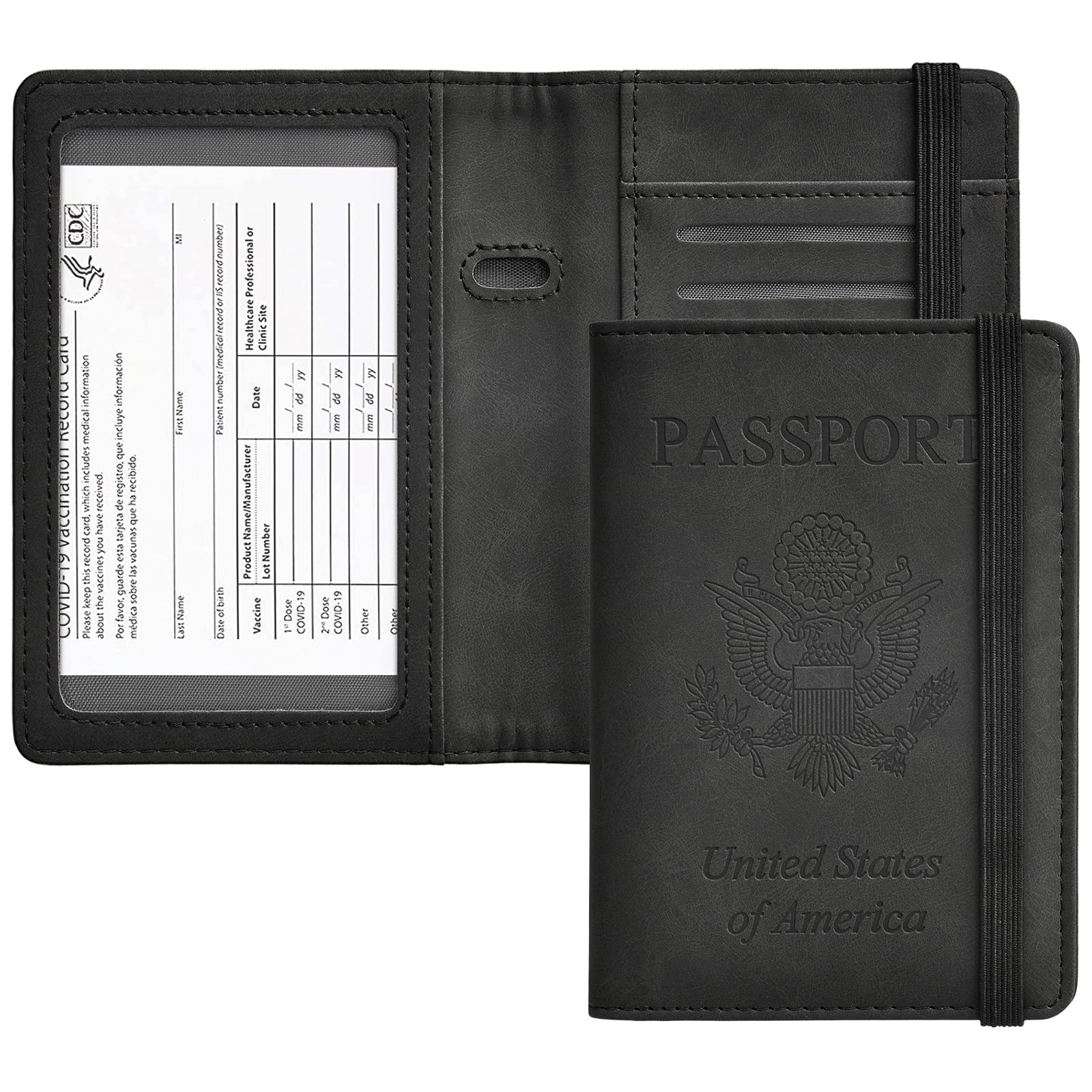 HerriaT Passport and Vaccine Card Holder Combo,Cover Case with CDC Vaccination Card Slot, Leather Travel Documents Organizer Protector, with RFID