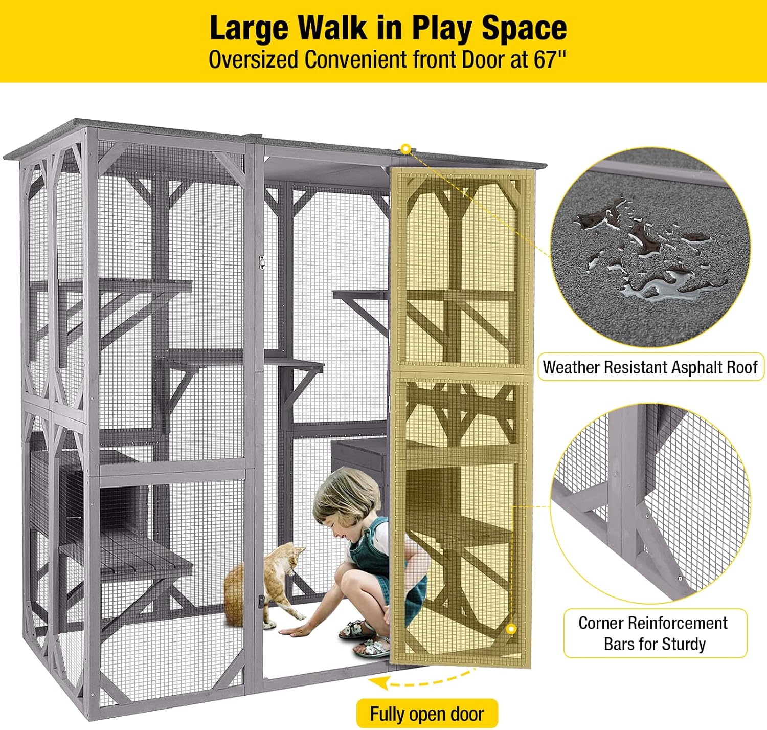 AIVITUVIN Cat House Outdoor Catio Kitty Enclosure with Super Large Enter Door, Wooden Cat Cage Condo Indoor Playpen with Platforms & Small House-71 Inch : Pet Supplies