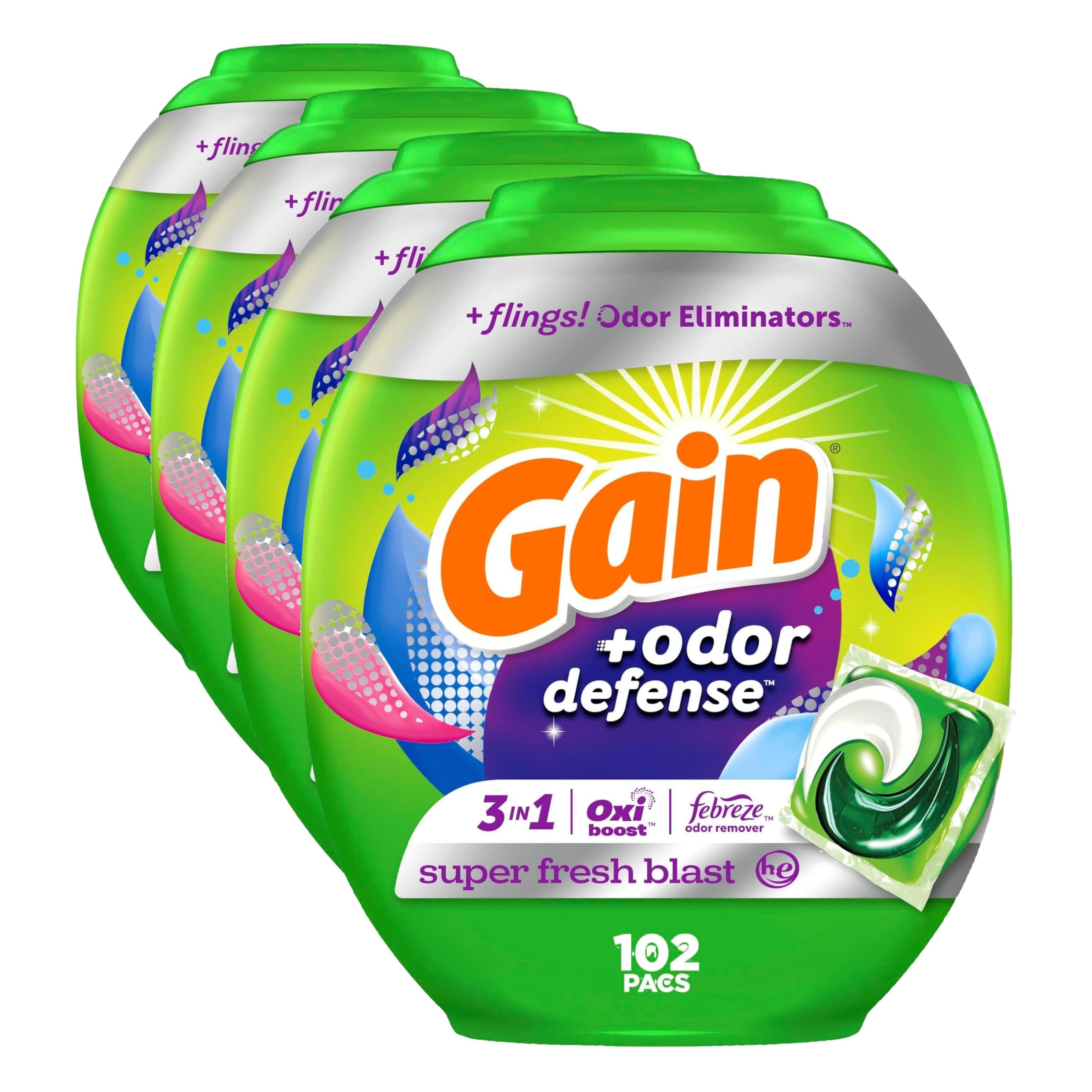 Gain Flings Laundry Detergent Pacs with Odor Defense, 102 Count, Super Fresh Blast Scent, HE 3in1 Detergent Pacs with Febreze and Oxi (Pack of 4)