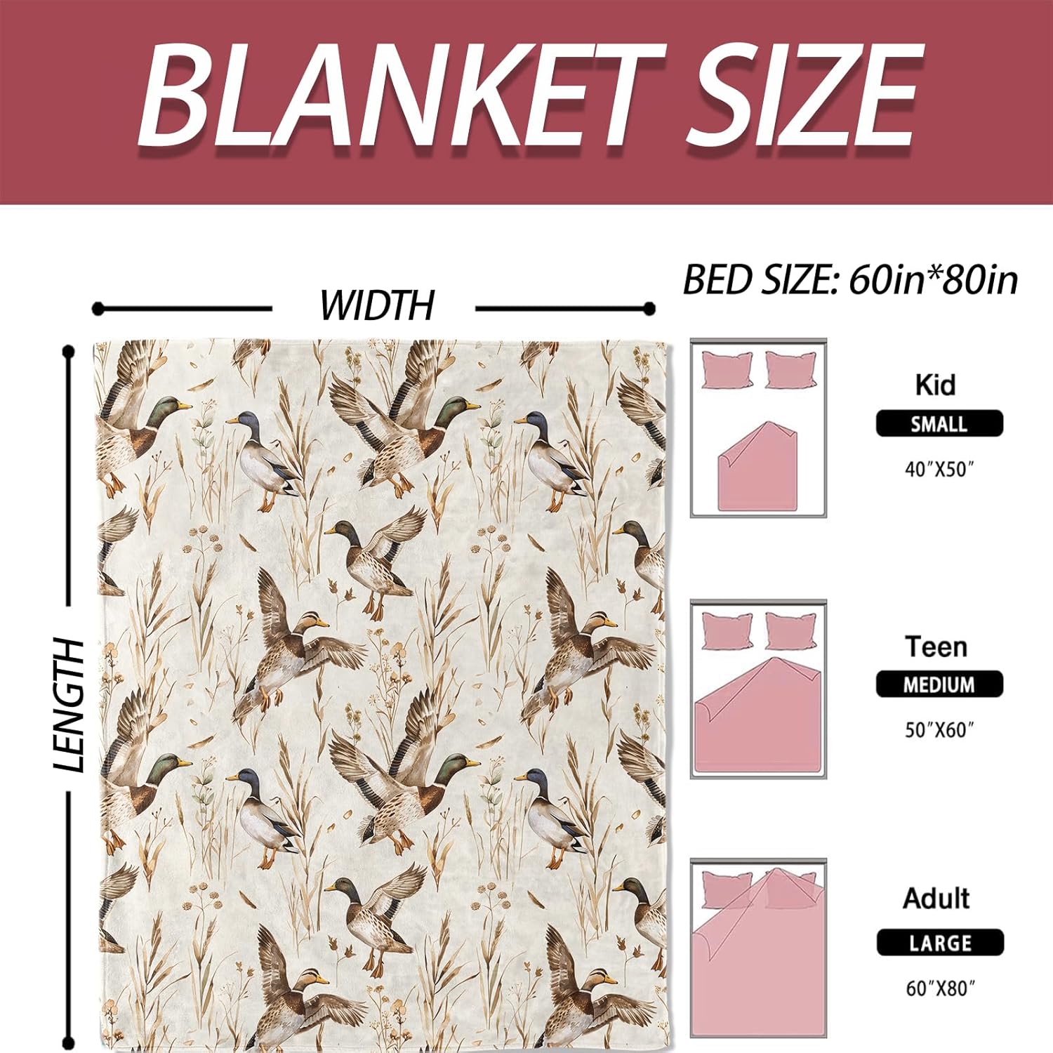 Mallard Duck Flannel Blanket 60x80in,Flying Ducks and Wild Grasses on Beige Background,Soft Lightweight Throw for Men,Nature Lovers,Farmhouse Rustic Autumn Decor Gifts Blankets