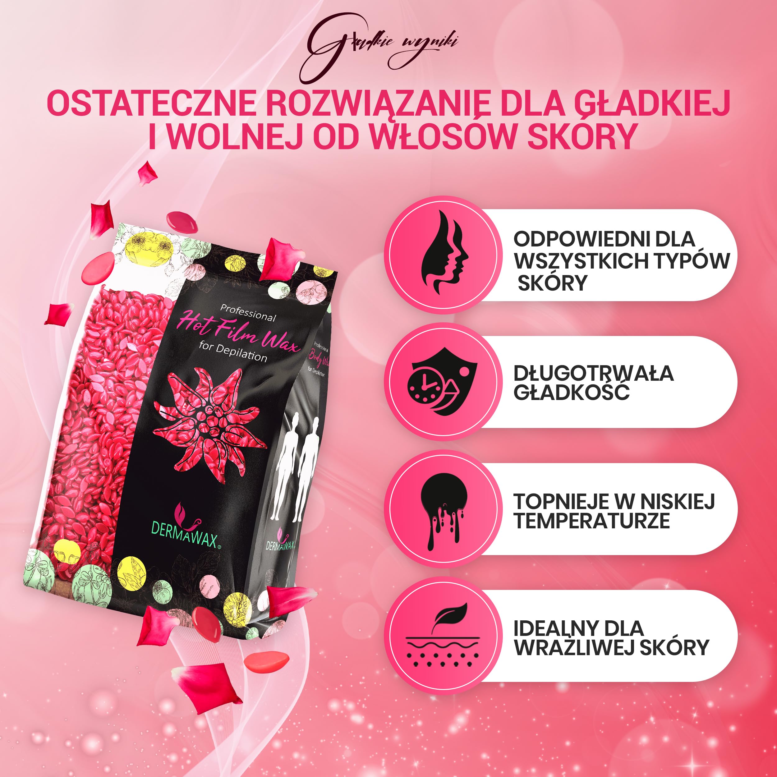 Dermawax Koraliki z wosku różanego, bez pasków do twarzy, bikini, nóg i pachy, koraliki z twardego wosku do skóry wrażliwej i grubych włosów, profesjonalny brazylijski zestaw do woskowania dla
