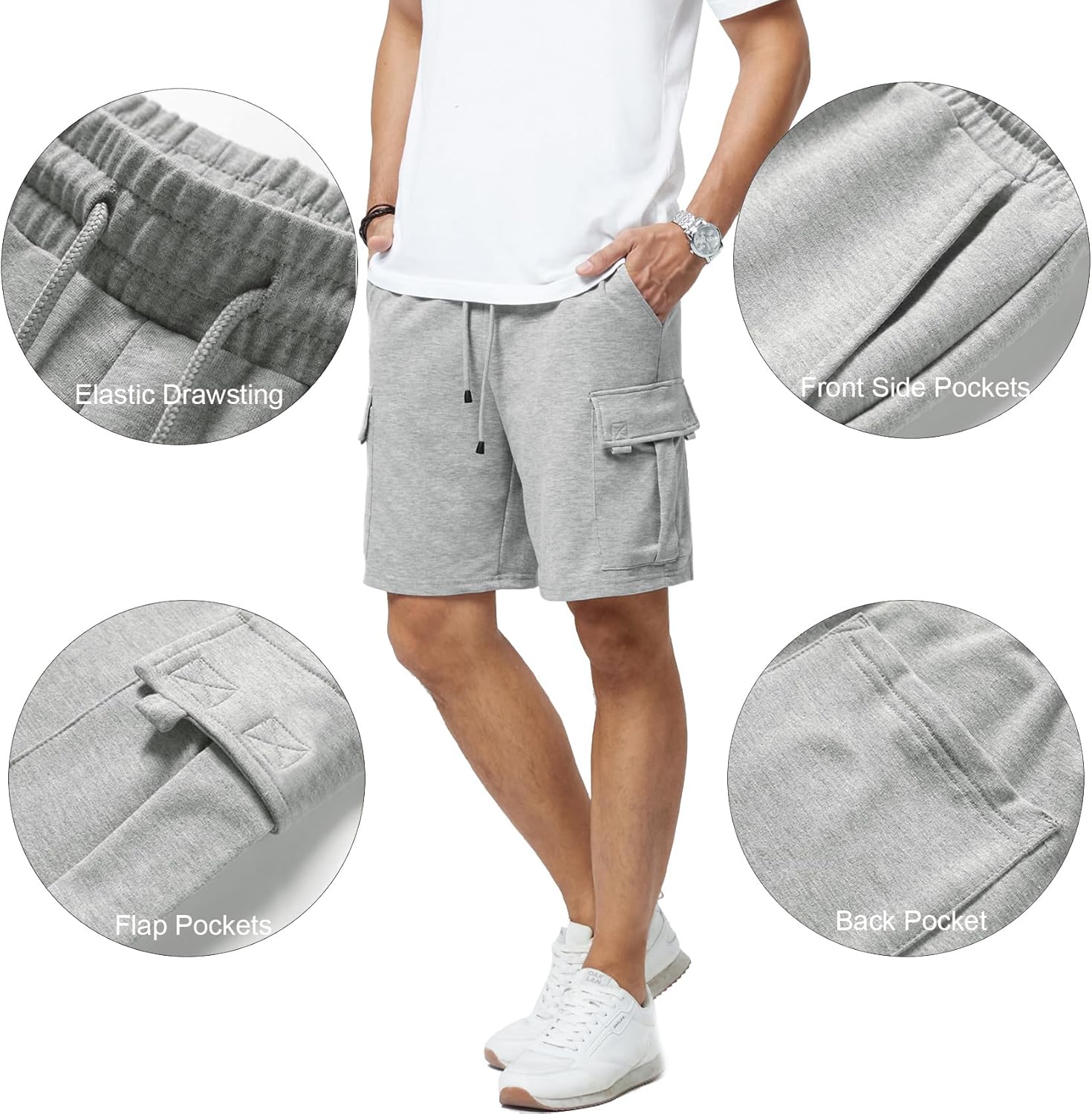 Mens Casual Sweat Cargo Cotton Shorts Drawstring Elastic Waist Athletic Workout Gym Jogger Shorts with 5 Pockets - Image 5