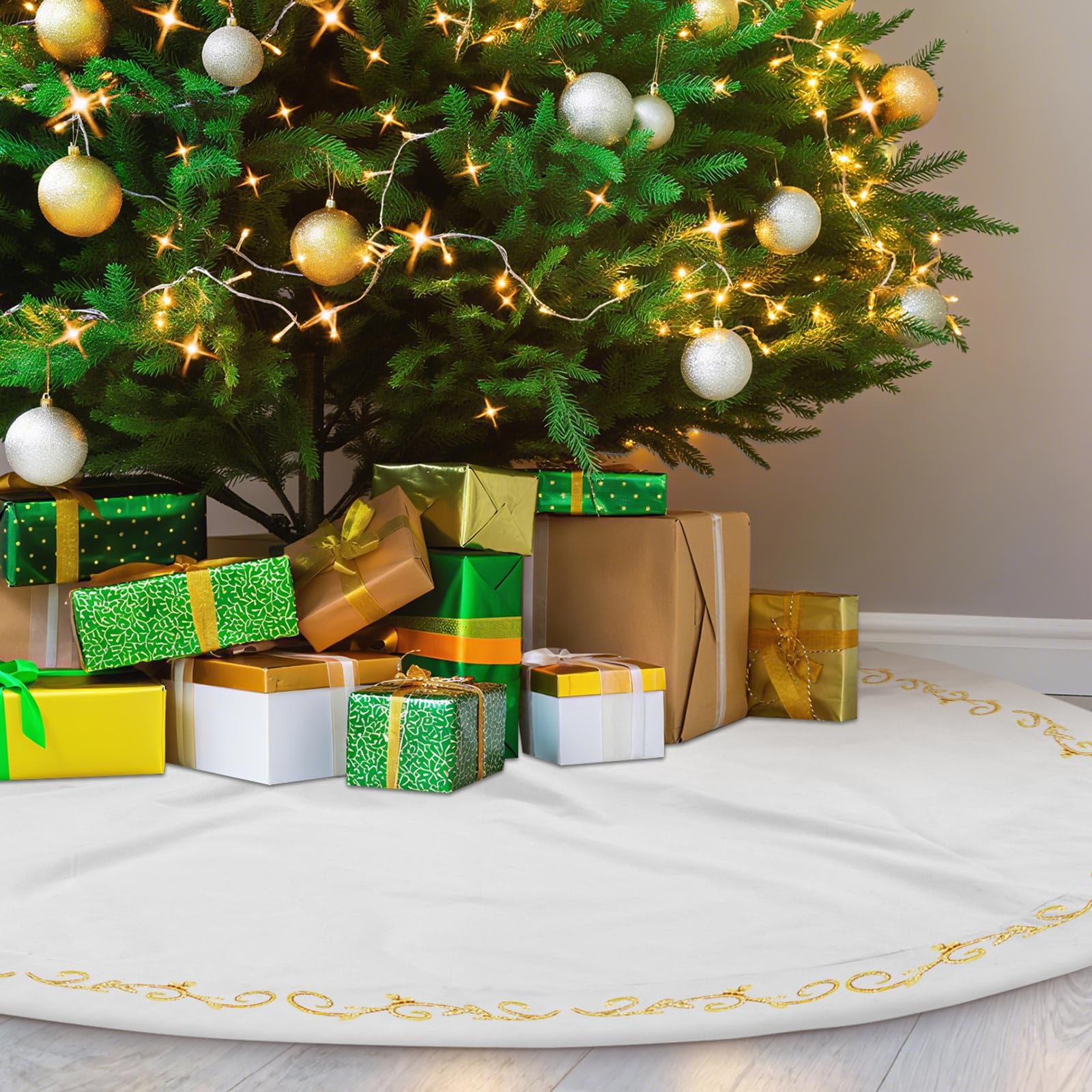HyDren 72 Inch Velvet Christmas White Tree Skirt (Classical Style)