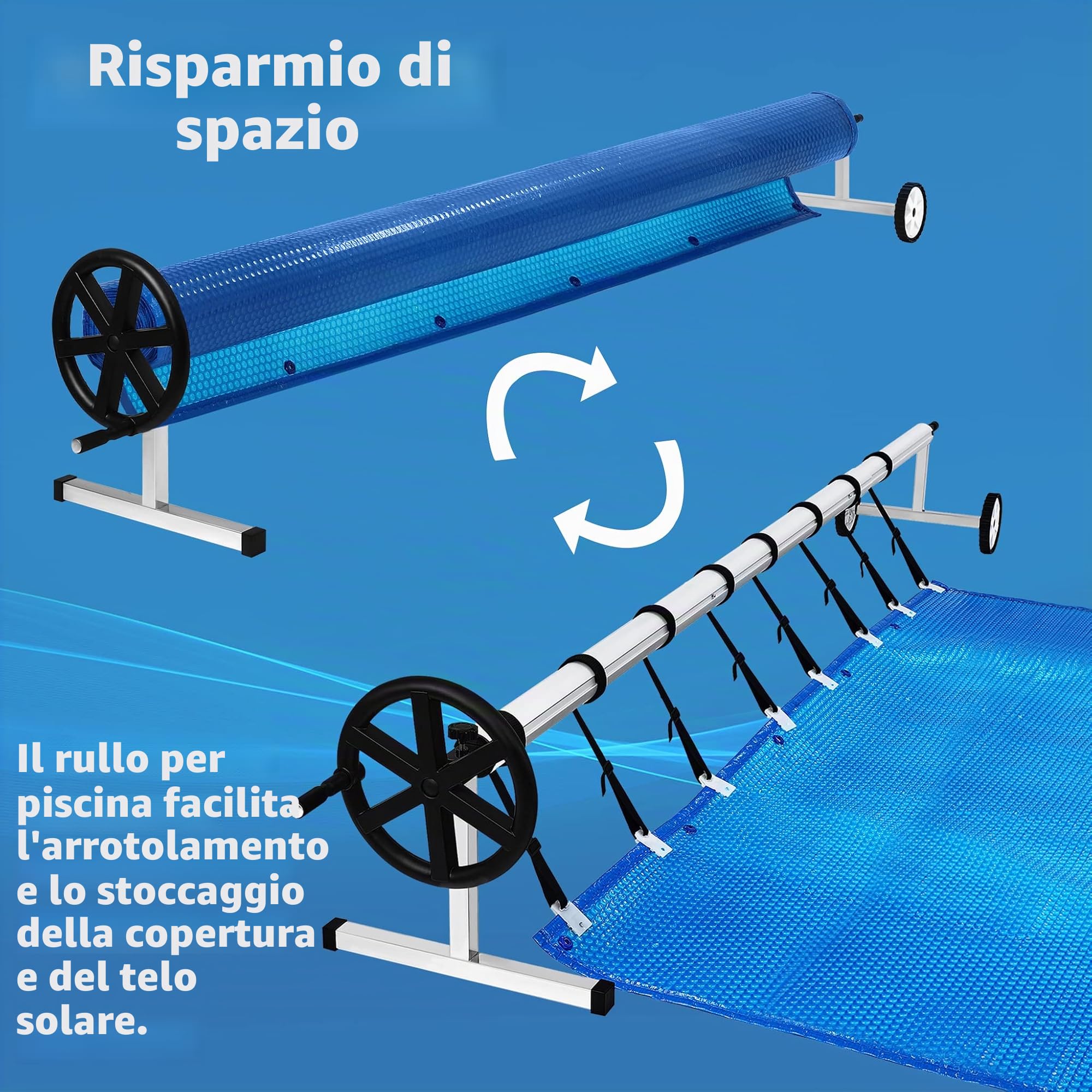 Sistema di avvolgimento mobile per piscina, accessorio per teloni da piscina, telo solare con nastri e ruote, 3-5,7 m