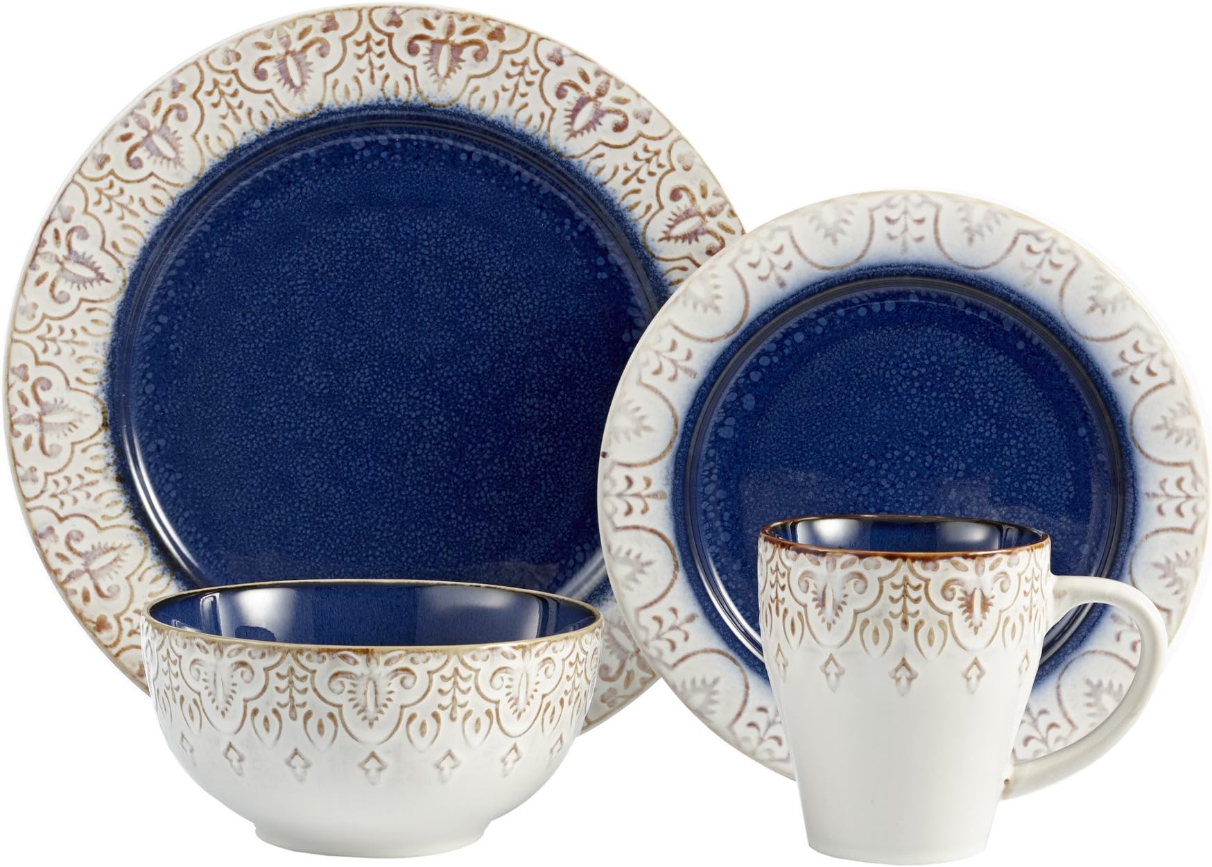 Round Dinnerware Sets | Blue Kitchen Plates, Bowls, and Mugs | 16 Piece Stoneware Granada Collection | Dishwasher & Microwave Safe | Service for 4